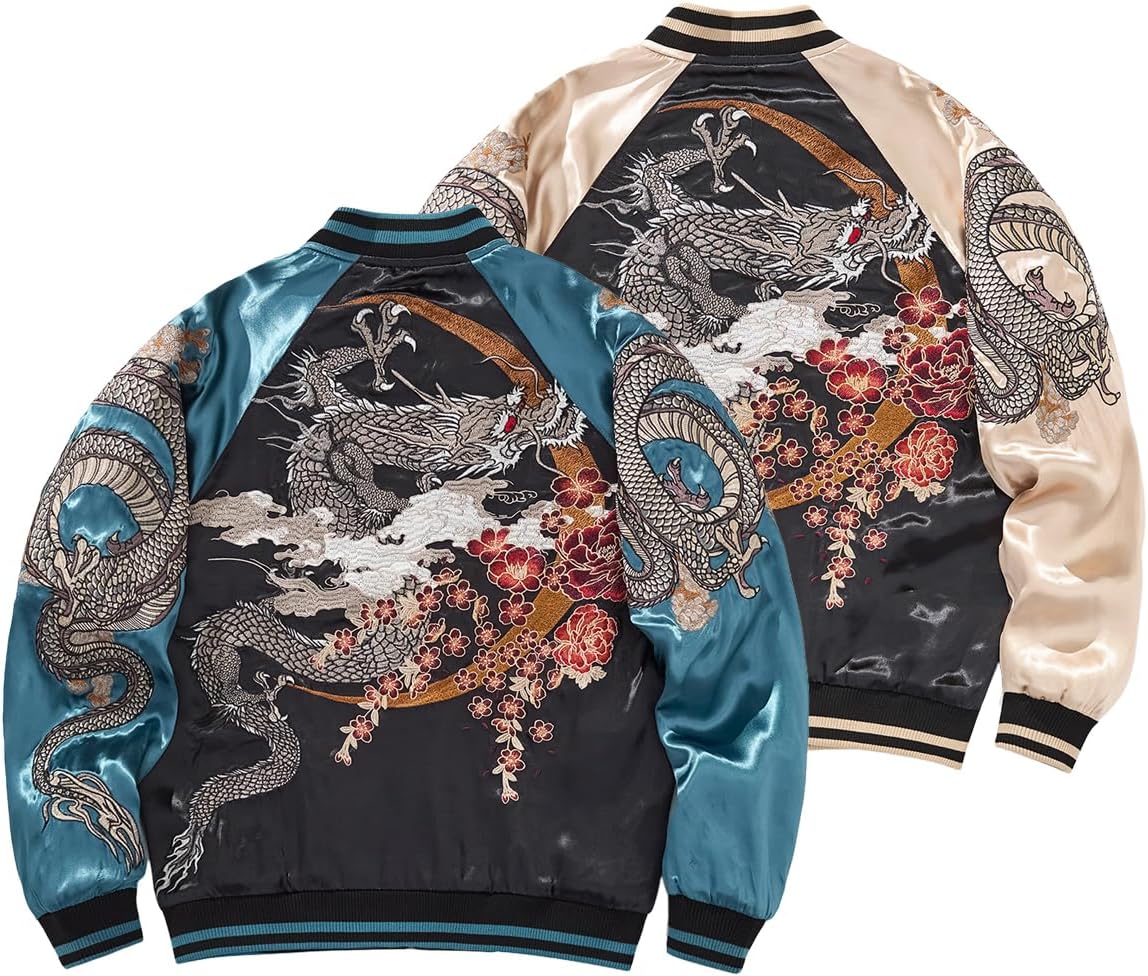 JBWUBQ] スカジャン ジャケット 横須賀 龍 青色 重工刺繍長袖 秋冬服