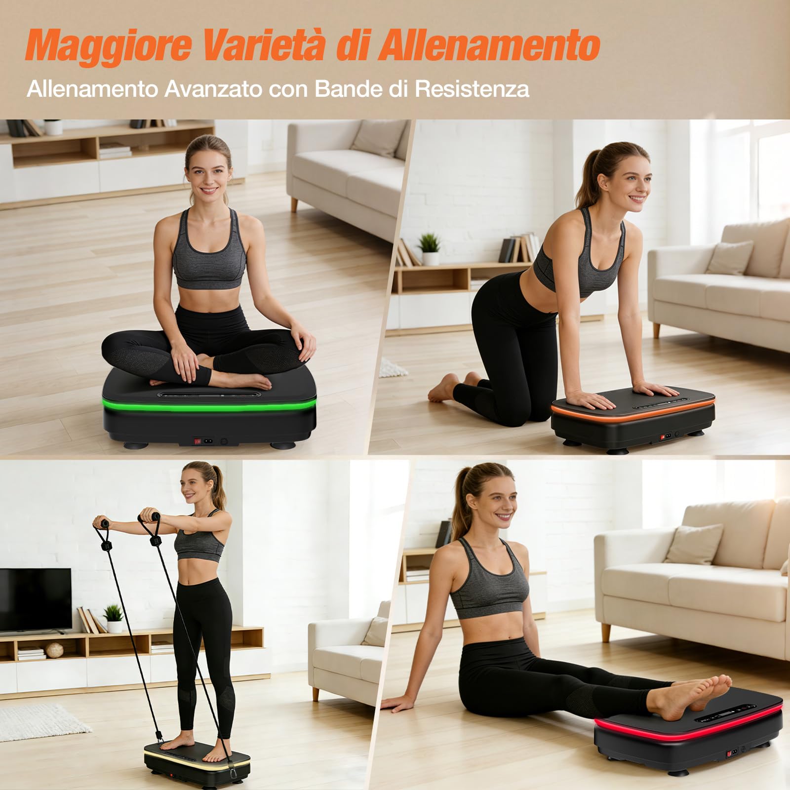 DH FitLife Pedana Vibrante per Casa | 0–99 Livelli con Timer | 9 Programmi Automatici | Silenziosa con Ventose | Luci LED & Altoparlante Bluetooth | Bande di Resistenza Incluse | Portata 150 kg