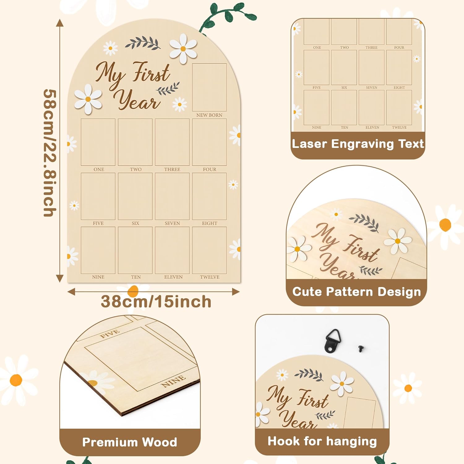 R HORSE Large My First Year Photo Frame Board, 23 x 15 Inches 3D Daisy Birthday Decorations Display Wood Board, Baby First Year Picture Frame 12 Months Milestone 1st Birthday Nursery Decor Gift