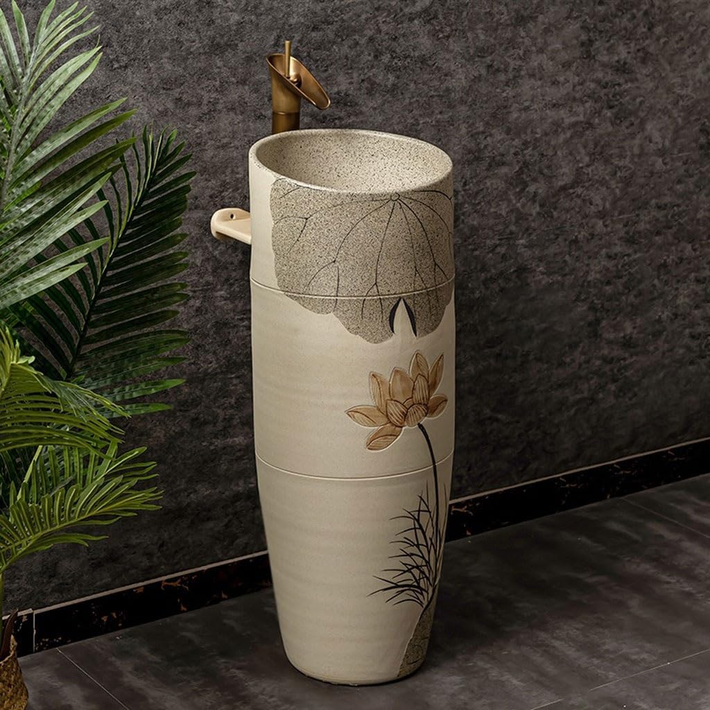 Pedestal Sinks Ceramic Column Wash Basin Outdoor Courtyard Pool Villa Balcony Floor-Standing Integrated Bathroom Sink (A)
