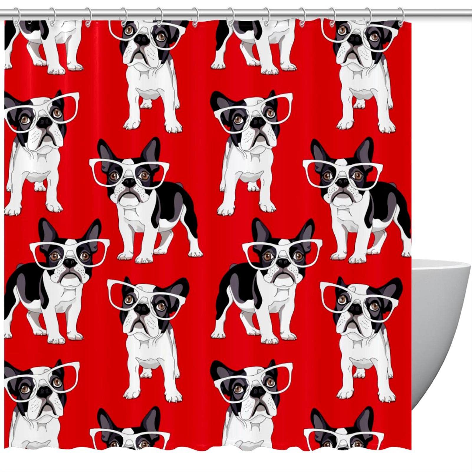 Rideau de douche bouledogue français imperméable 183x183 cm avec 12 crochets