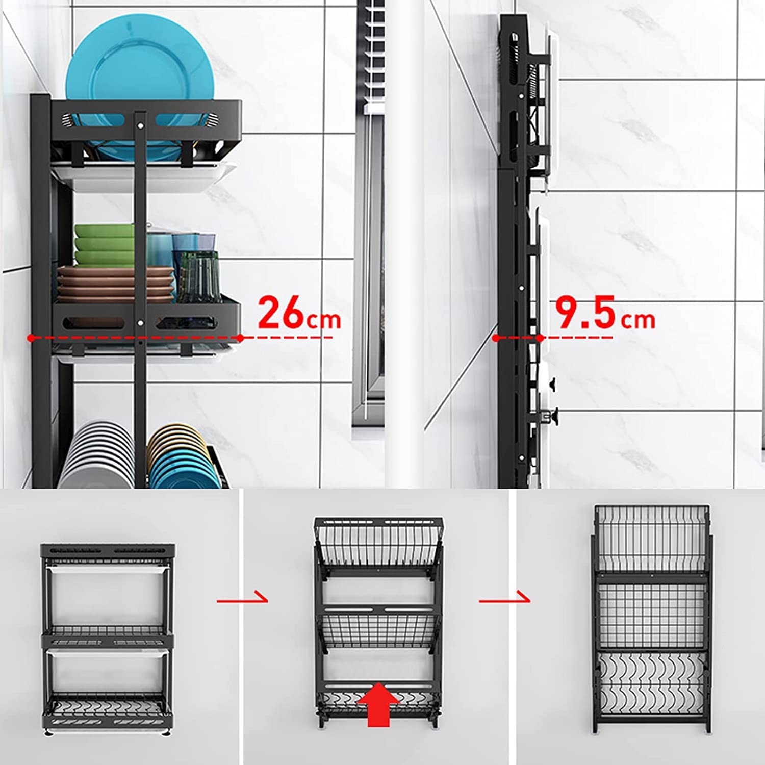 Scolapiatti pieghevole a 3 livelli in acciaio inox da parete e piano di lavoro, salvaspazio, scolapiatti da cucina nizer per un'asciugatura efficiente e facile Sto