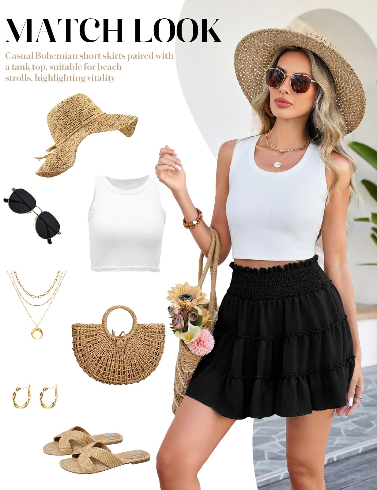 Faldas Mujer Verano Mini Cintura Alta Elástica Corta Falda de Playa con Short Forro