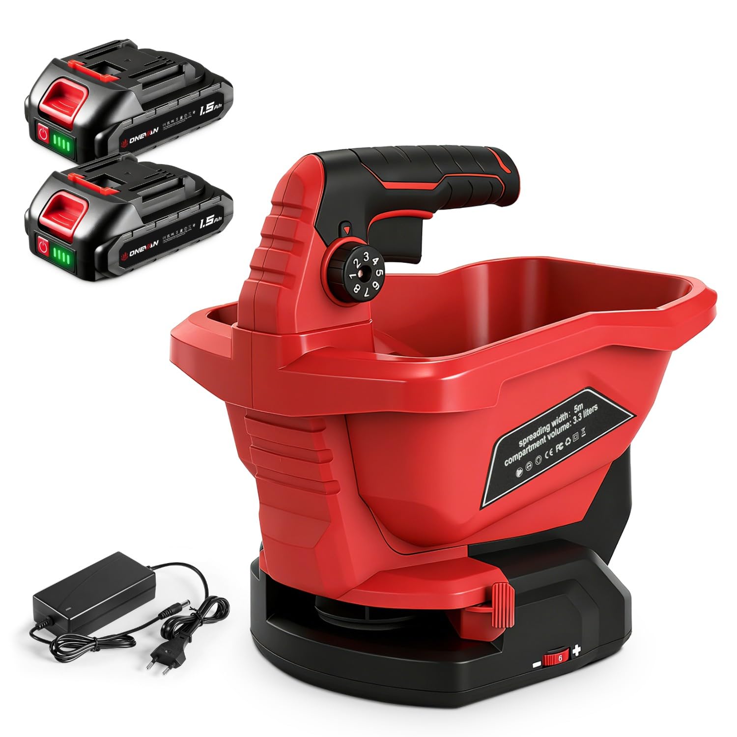 ONEVAN Épandeur sans Fil, Épandeur d'Engrais Électrique 3.3L et Épandeur de Sel de Déneigement avec 6 Niveaux de Réglage, Surface 800 m², 2×1.5Ah Batteries, Épandeur Manuel pour Engrais, Semences