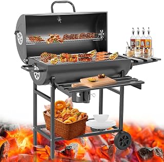 Asador de Carbon Portatil con Ruedas,Sador de Carbon Con Tapa y Doble Nivel,Parrilla Asador de Carbón con Mesa Frontal Lateral,Parrilla de Carbón Premium,Gran Capacidad,para Jardín,Patio