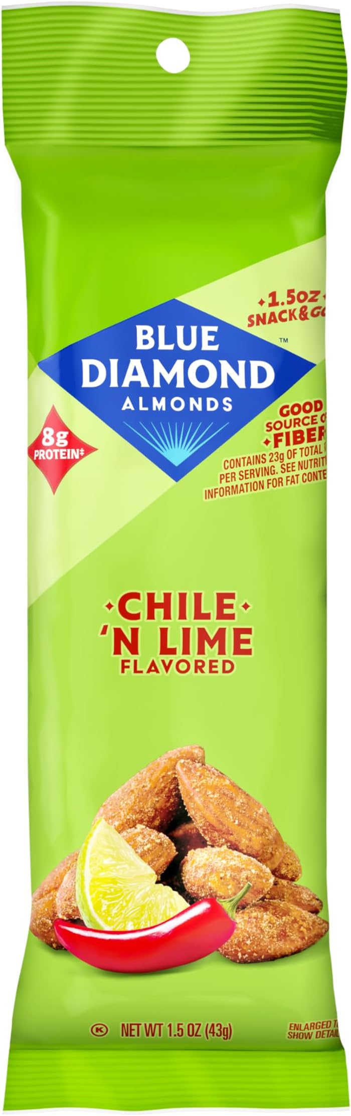 Blue Diamond Almonds, Single Serving Chile N Lime Tangy Flavored Snack Nuts, Non-GMO, Kosher, No Gluten Ingredients or Artificial Flavors, Bulk Pack, Great for Road Trips, Lunches, and On-The-Go, 12 Packs, 1.5 oz. Single Packs