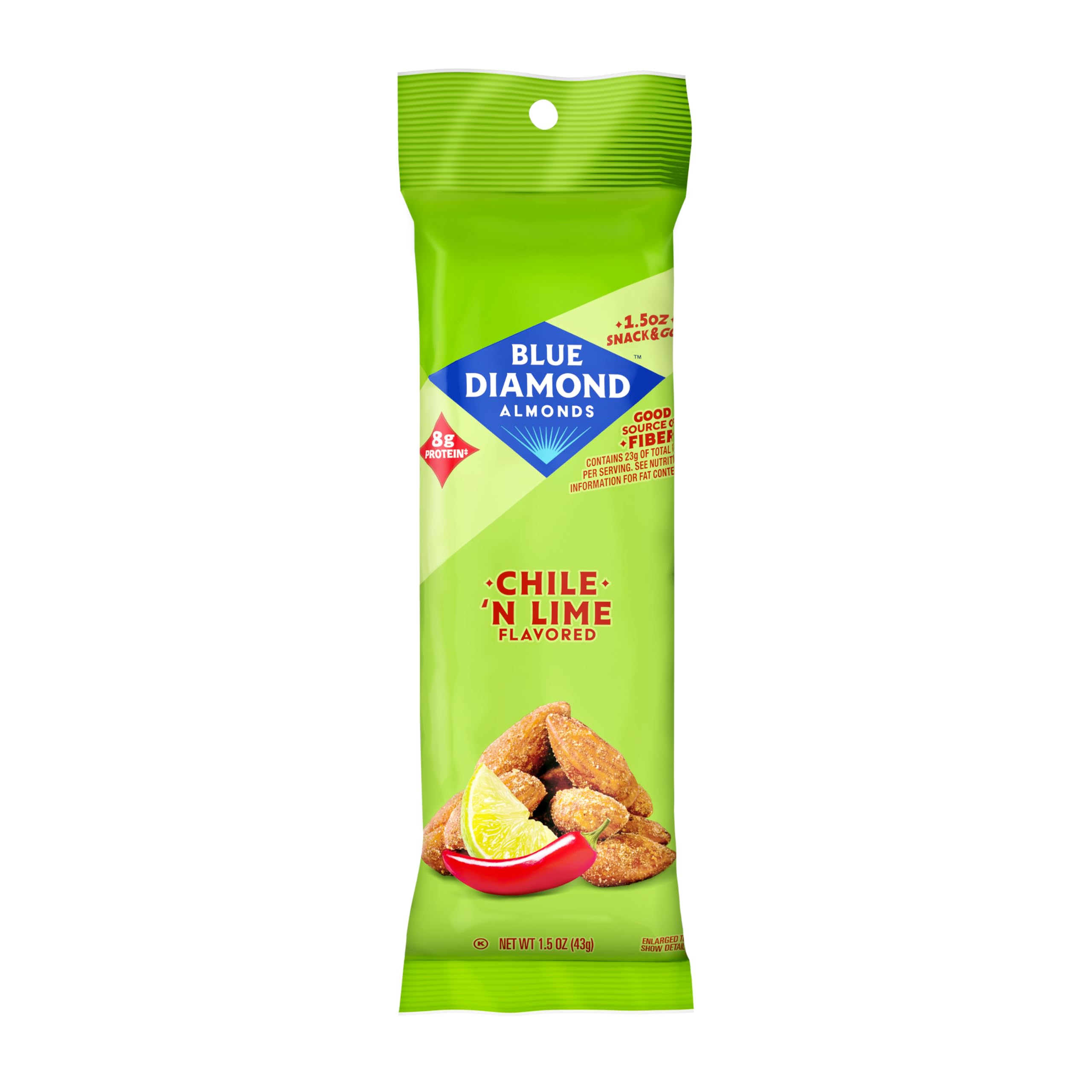 ((Best By:02/20/2027))Blue Diamond Almonds, Single Serving Chile N Lime Tangy Flavored Snack Nuts, Non-GMO, Kosher, No Gluten Ingredients or Artificial Flavors, Bulk Pack, Great for Road Trips, Lunches, and On-The-Go, 11Packs, 1.5 oz. Single Packs