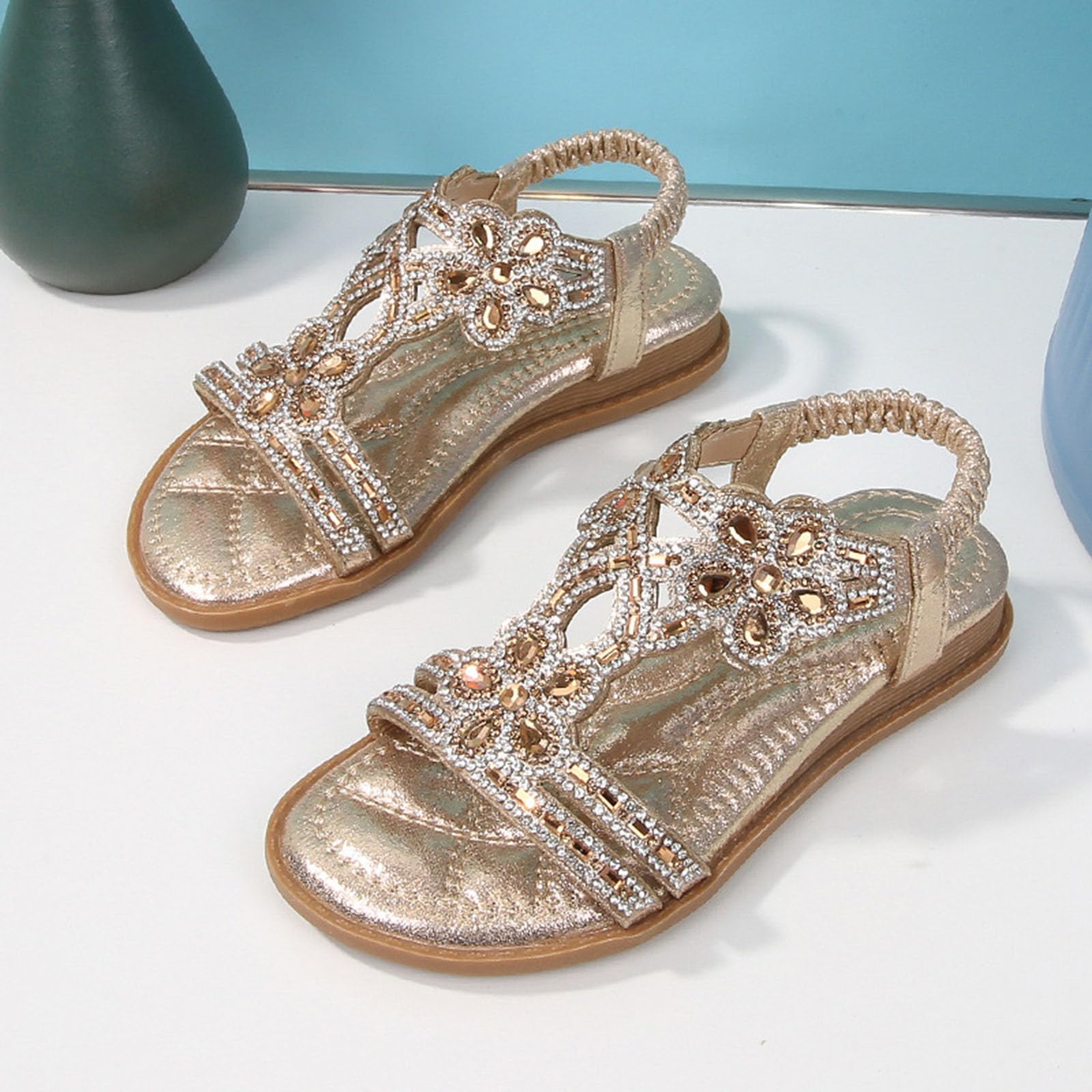 MMRTDJDR Generisch Dziewczę ły księżniczki Rhinestone ły bez pię ły Elastyczny pasek na kostkę Casual Czeskie buty plażowe