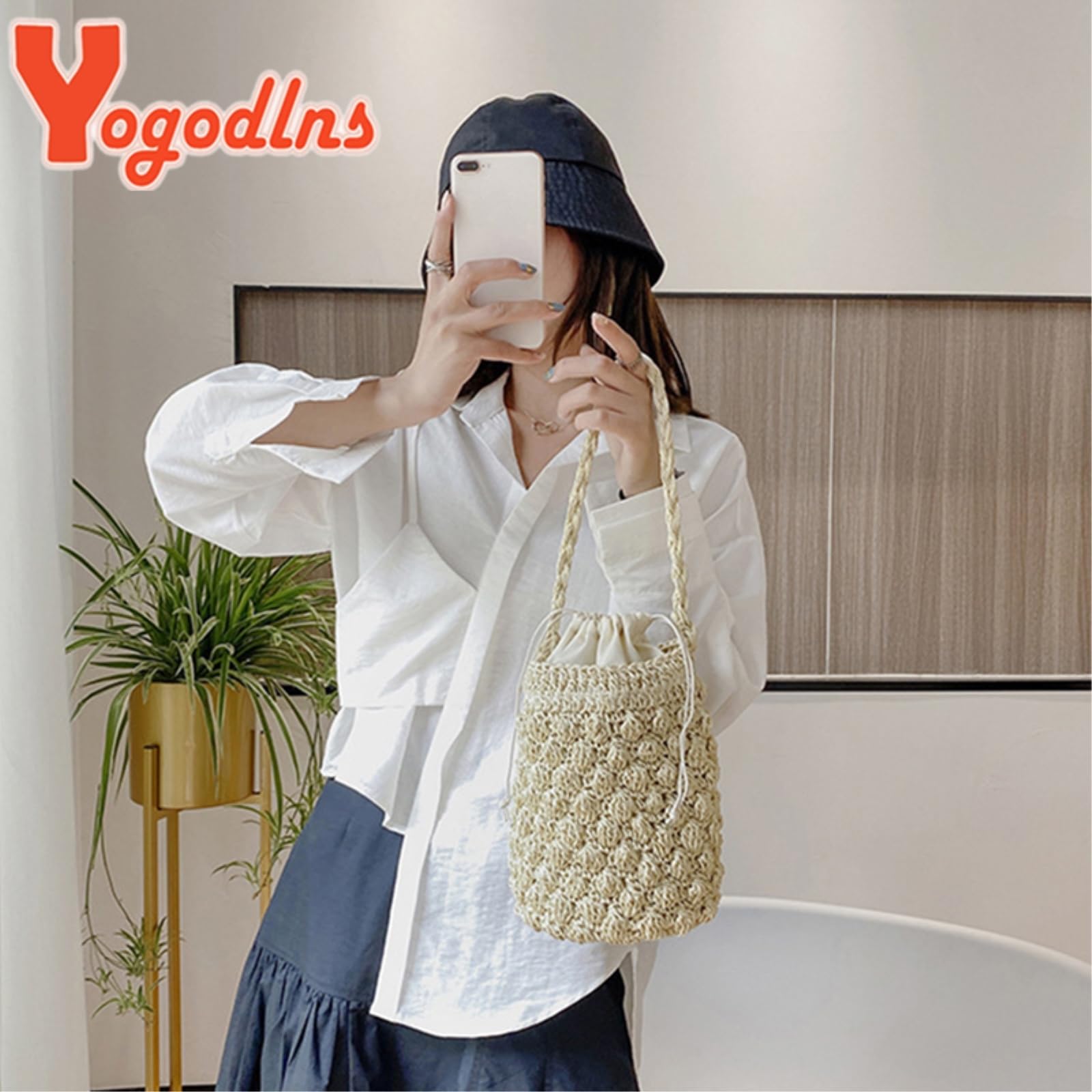 Borsa di Paglia Donna A Spalla Estiva, Secchio in Rattan Grande capacità delle Donne, da Spiaggia Tessuta Fatta Mano-beige-18x15x22cm