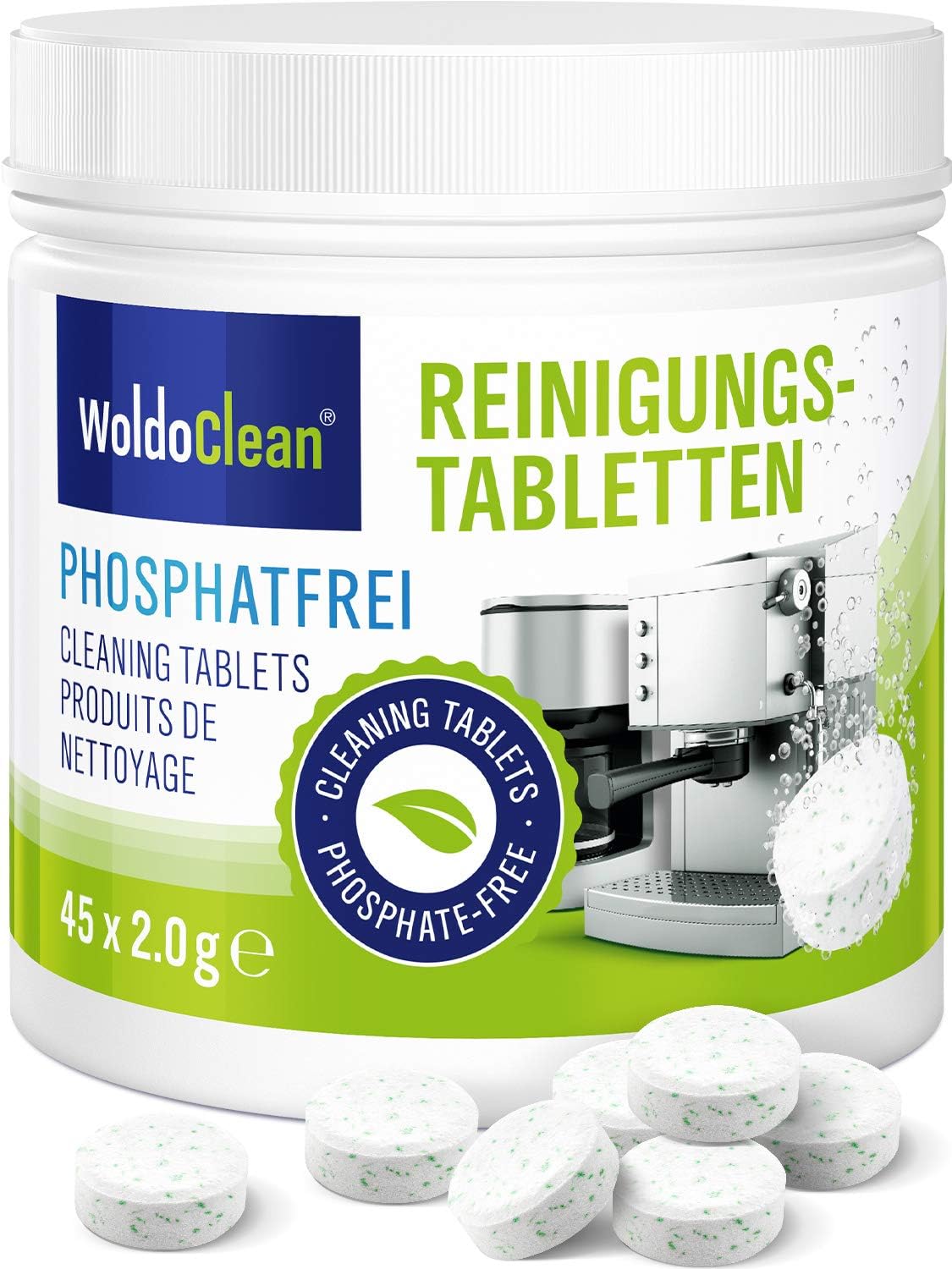 WoldoCleanCleaning Tablets Phosphate-Free for Fully Automatic Coffee Machines Compatible with Jura, Delonghi, Bosch and Siemens Seaco 45x