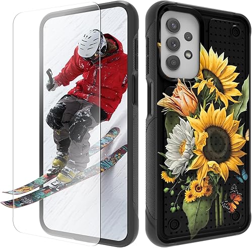 Miniatura 19 de Funda para Samsung Galaxy A13/A04/A04S/A23/A32 5G con protector de pantalla, parte trasera texturizada de policarbonato duro, diseño de flores
