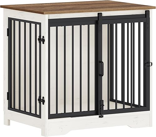 Miniatura 9 de Mueble de jaula para perros de 27.2 pulgadas con puerta de granero, perrera resistente para interiores con 2 puertas, mesa auxiliar de madera para