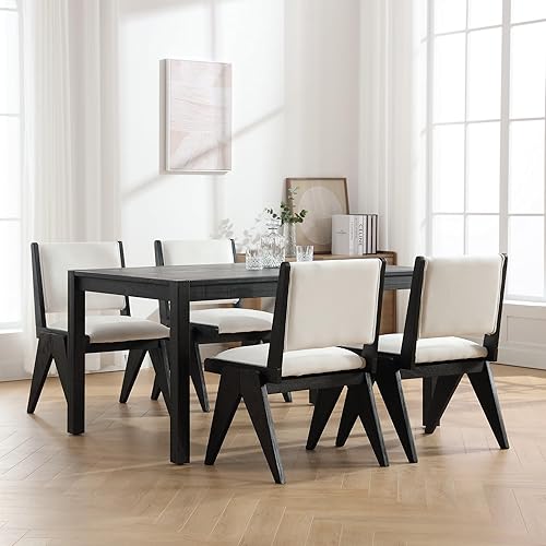 Miniatura 5 de Juego de 2 sillas de comedor tapizadas de lino con patas de madera, modernas sillas de comedor acolchadas de mediados de siglo para cocina