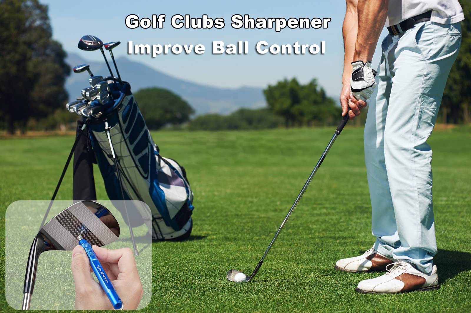 MAZEL 3-in-1 Golfschläger-Rillenschärfer, einziehbare Schnur, 55,9 cm, passend für U-V-Nuten, Aluminium-Golf-Reinigungswerkzeug mit Schnalle für einfacheres Tragen