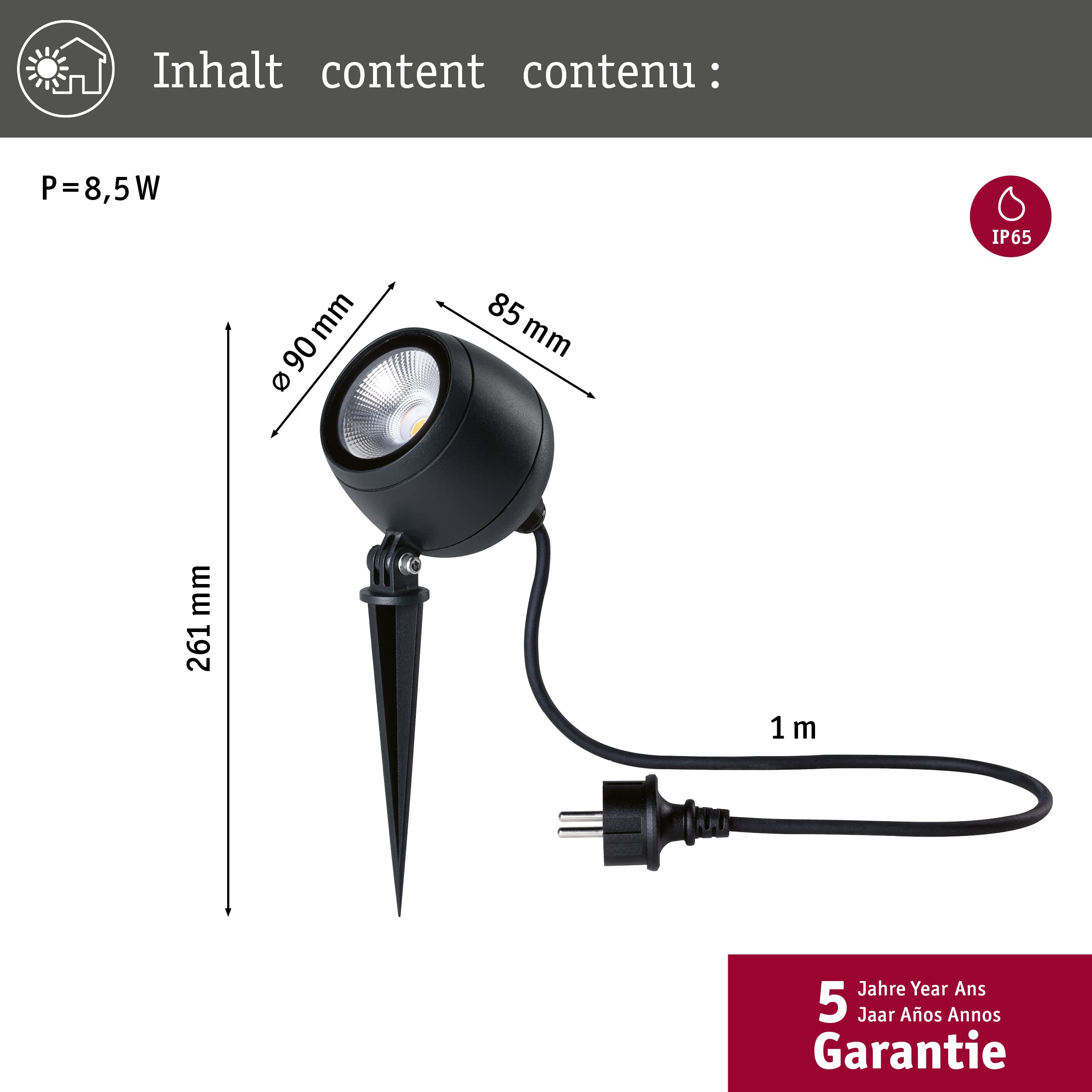 Paulmann 94776 LED reflektor ogrodowy Kikolo IP65 8W 500lm 261mm antracyt aluminium/tworzywo sztuczne 3000K 230V oprawa zewnętrzna