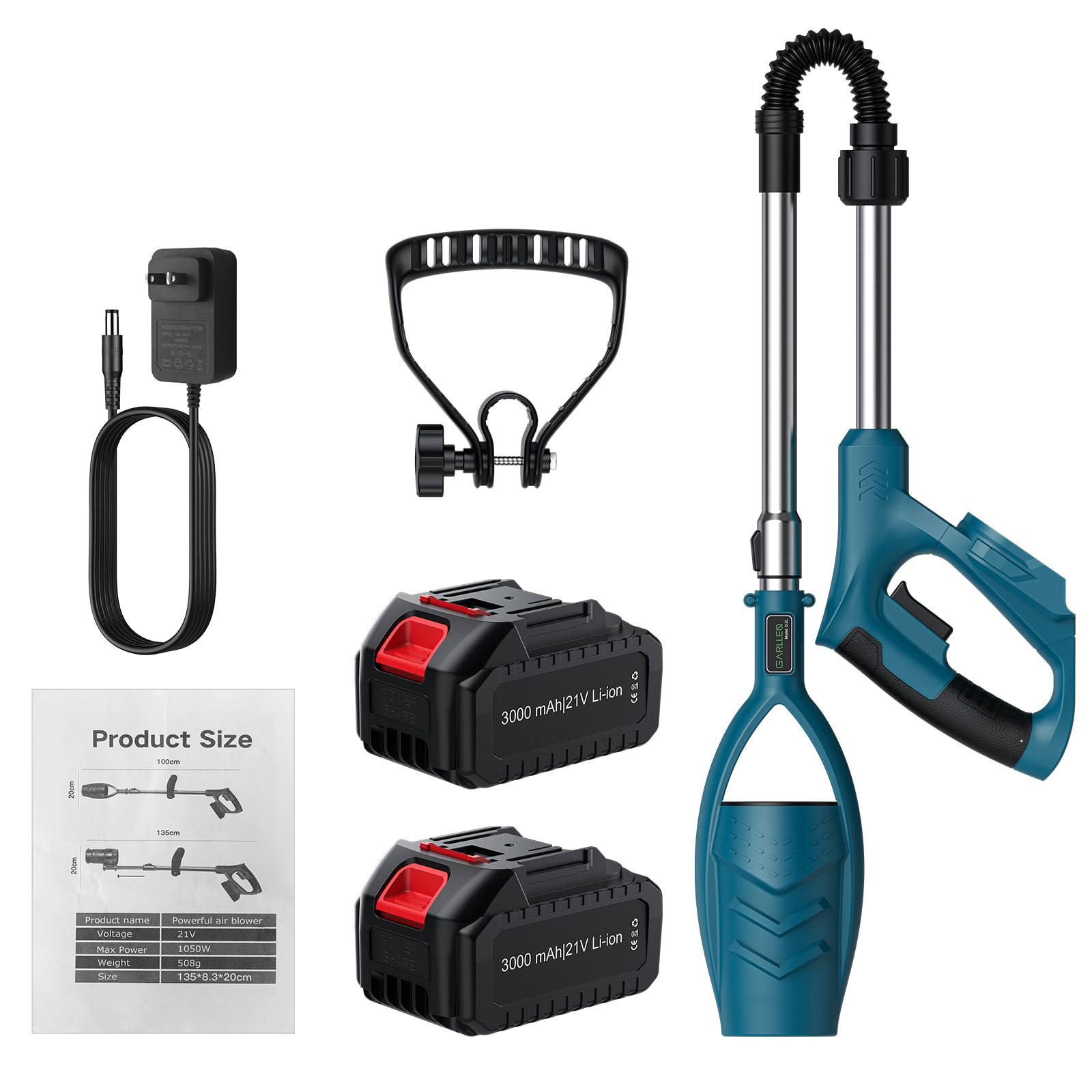 Soplador de Hojas Inalámbrico, Motor Sin Escobillas 18.5V, Batería de Ion-Litio 3000mAh, Extensible 140cm, Ligero 540g, con 2 Baterías y Cargador, para Jardín y Patio