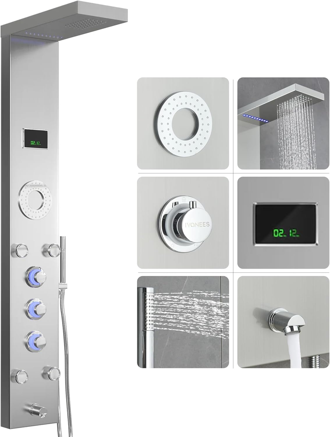 LEDMyplace Stainless Steel Shower Panel Tower System, LED Temperature Display Rainfall Waterfall Shower Head 5-Function Faucet Rain Massage System with Body Jets, 55″ Wall Mounted Shower Panel