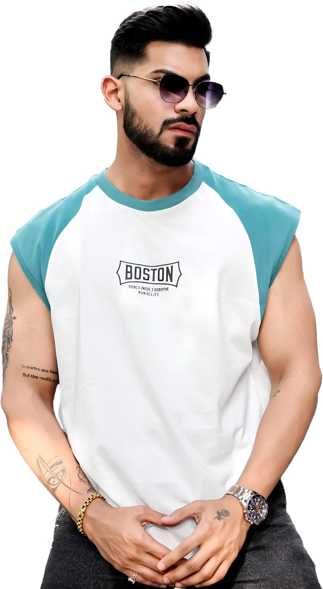 Maniac|| Mens || Printed || Round Neck || Raglan Sleeveless || Cotton || T-Shirt