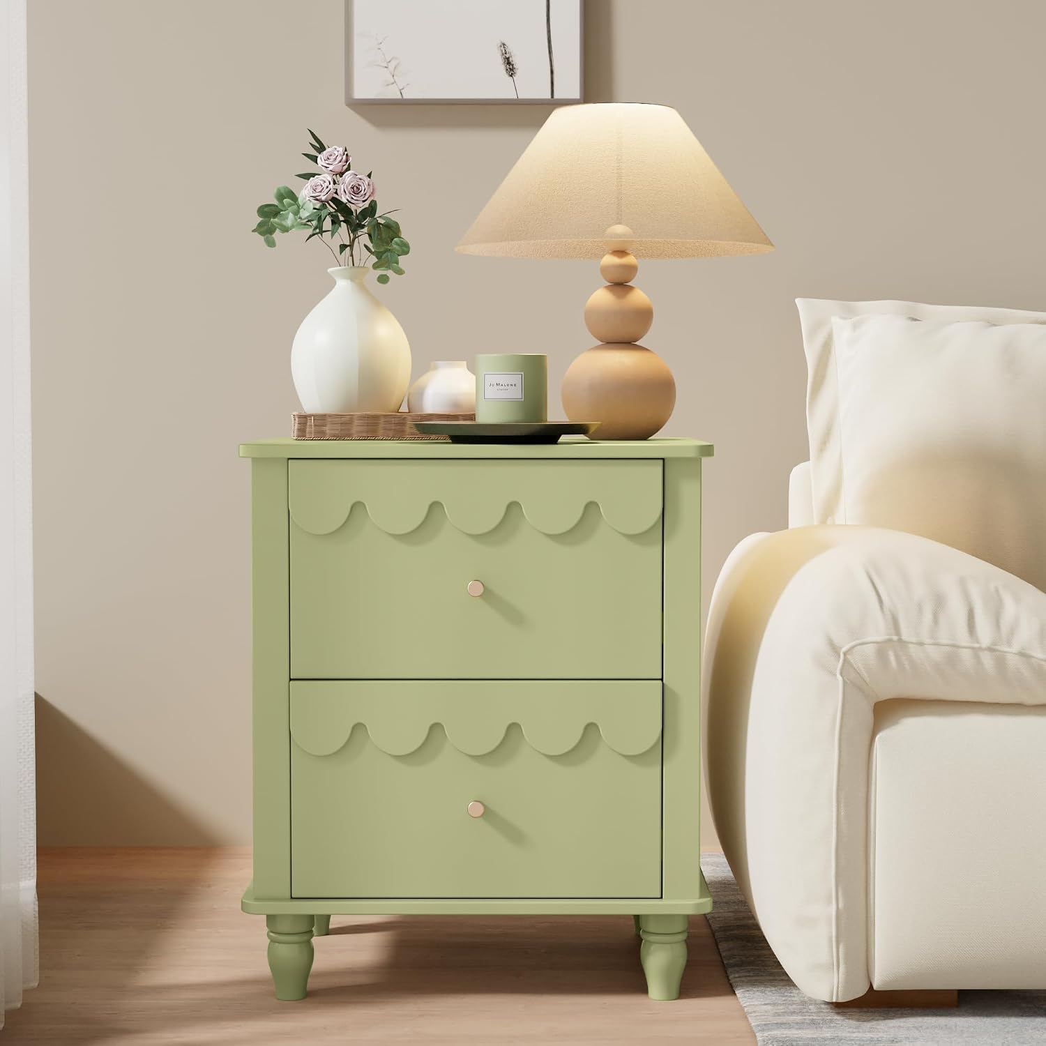 Anbuy Green Nightstand Set of 2 with Petal Pattern, Modern Night Stand Set 2 with 2 Drawers for Bedroom, Side End Table Scalloped Bedside Night Tables with Solid Wood Legs