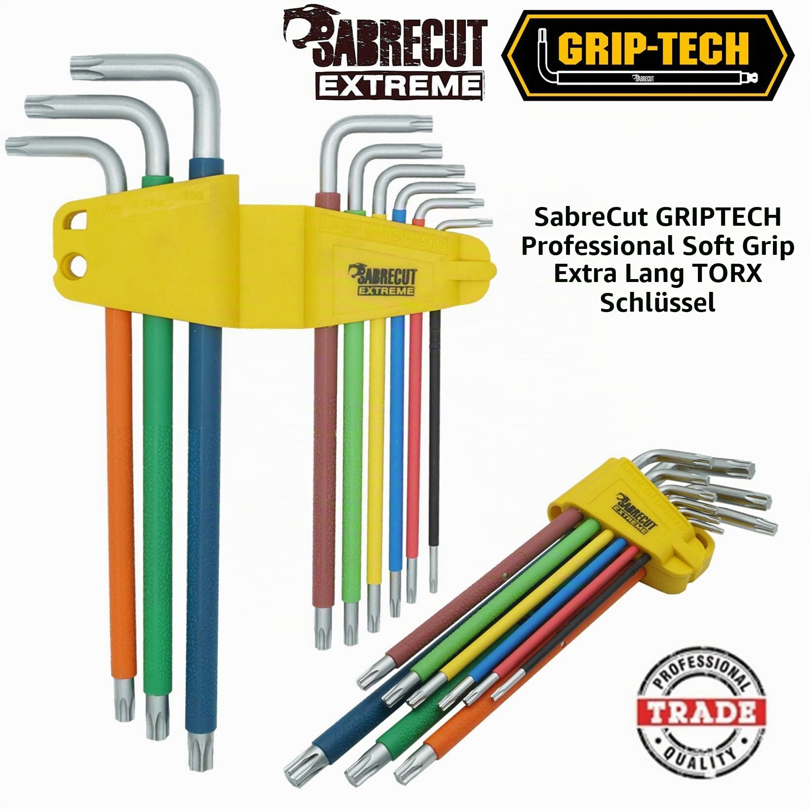 SabreCut 9-teiliger SCTX009S Soft Grip Extra langer Torx-Schlüsselsatz mit Farbcodierung â€“ GröÃŸen T10â€“T50