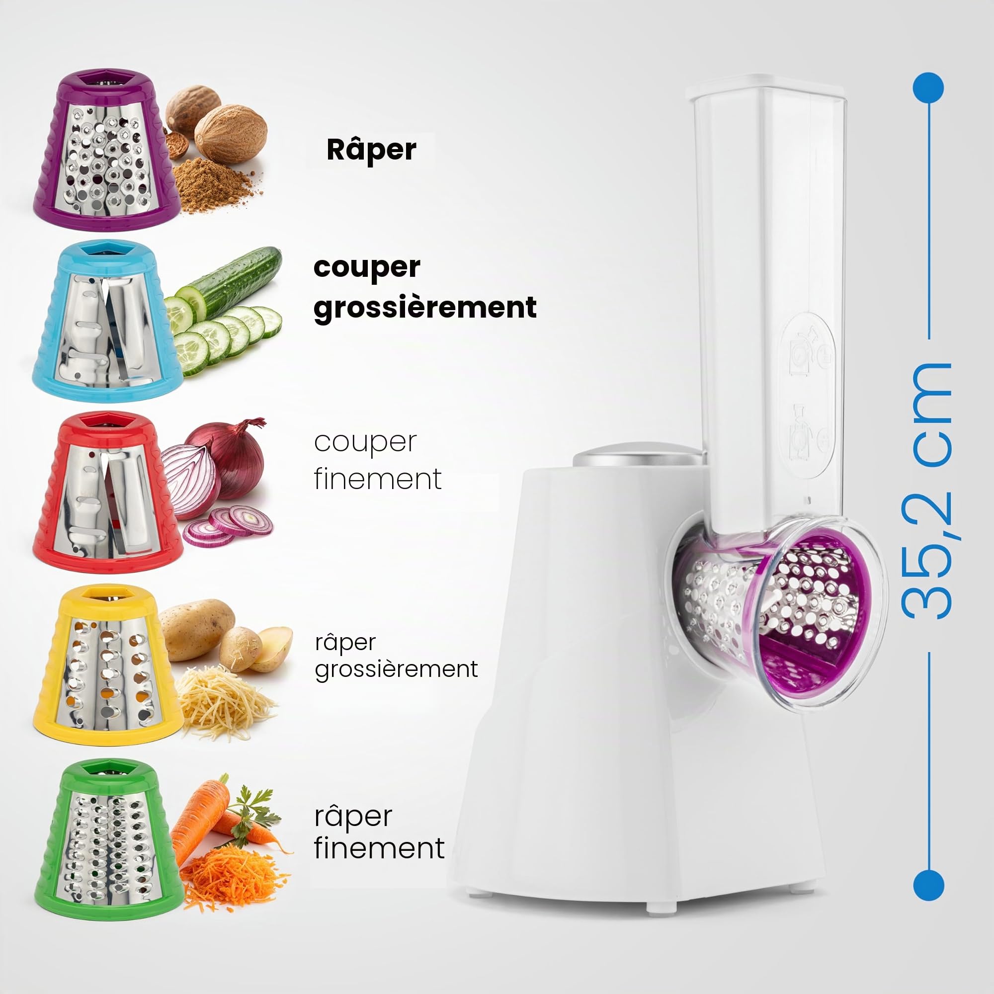 Clatronic ME 3604, Multi-Express, pour couper, râper et émincer | Éminceur électrique | Coupe-légumes | Râpe à légumes | 5 ustensiles y compris râpes | Grande ouverture de remplissage | 200W | Blanc