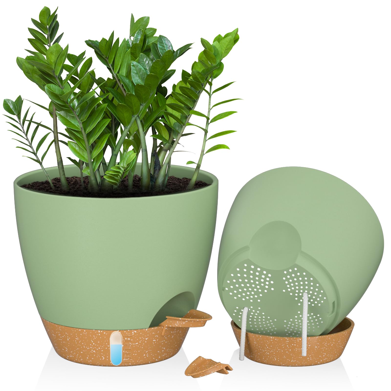 ZMTECH 30 cm Plant Pots with Drainage Holes Saucer Self Watering Planters with Watering Inlet Plastic Flower Pot for Indoor Outdoor Plants (Set of 2, Green)
