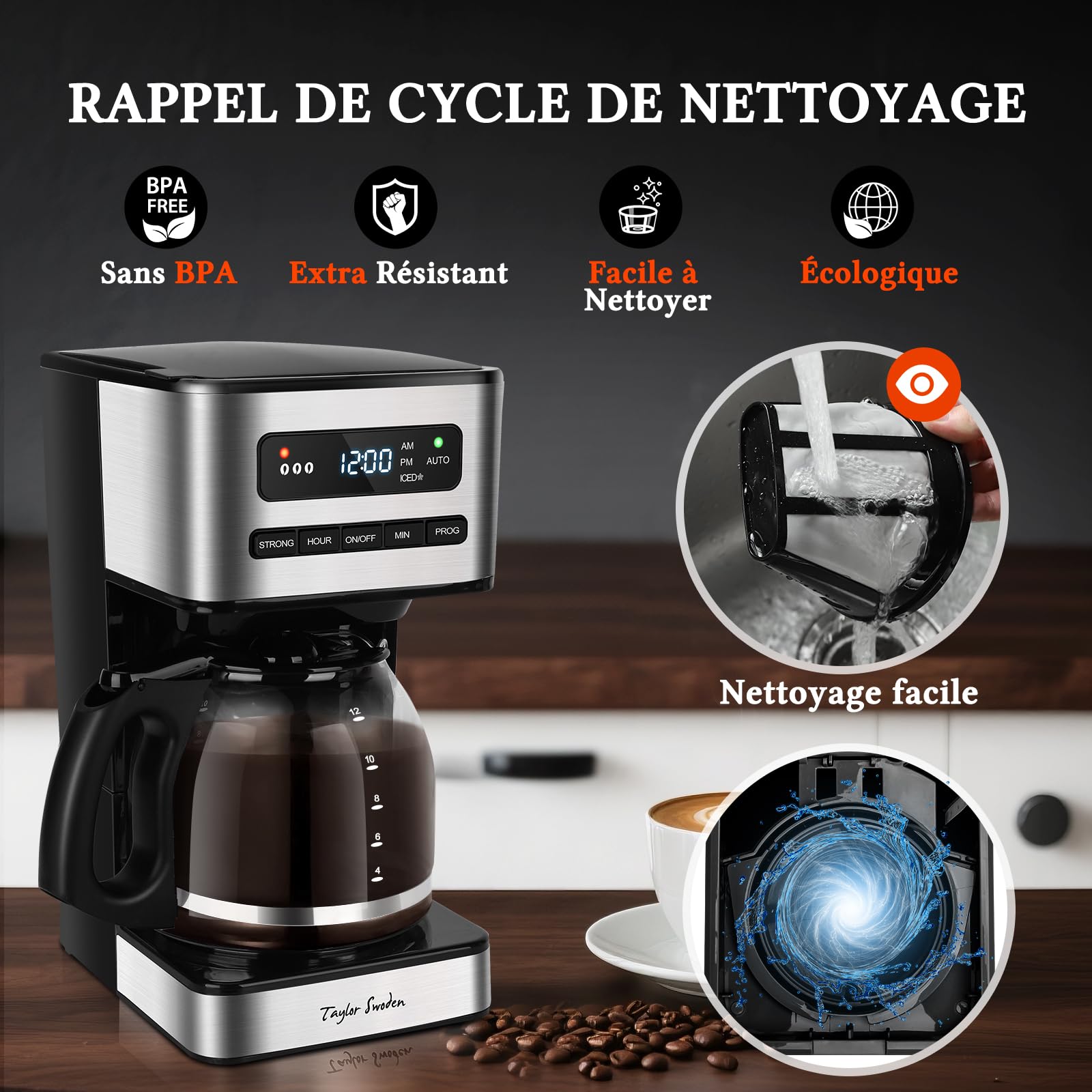 Taylor Swoden Cafetiere filtre 1.8L (12-15 Tasses) - Programmable 24H, 3 Niveaux Concentration + Café Glacé, Autonettoyage, Anti-Goutte, Maintien au chaud & Arrêt Auto 40Min, Filtre Amovible,écran LED