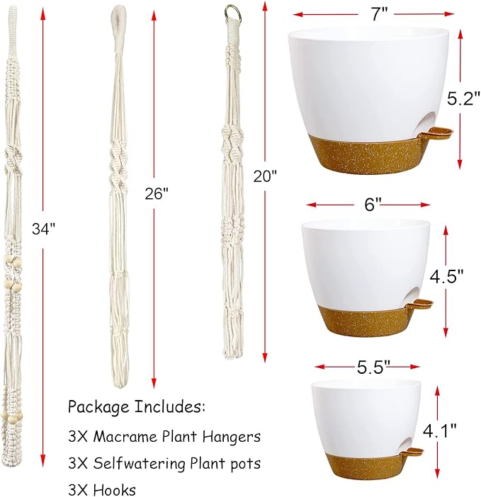 Enhance your indoor plant collection with this set of 3 macrame plant hangers with pots included! The package comes with 3 different sized macrame plant hangers, 3 plastic self-watering plant pots and saucers, and 3 hooks for easy hanging. Say goodbye to tassels with this tassel-free design, saving space and preventing pets from destroying your plants.