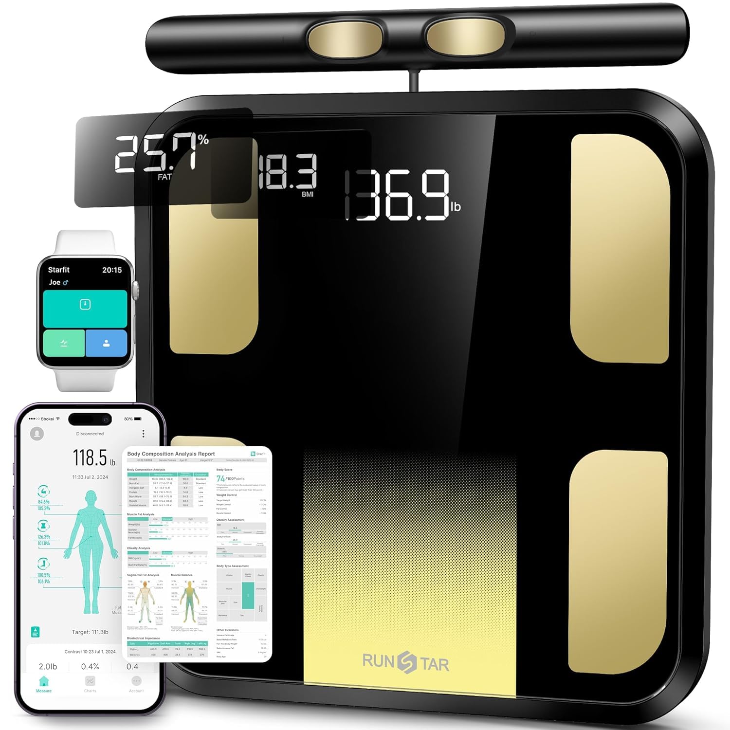 RunSTAR Körperfettwaage, Personenwaage digital mit 8 Elektroden für Körpergewicht und Körperfett, BMI, Muskelmasse und Analyse von 28 Körpermaße App-Nutzung, 3-Metrik-Anzeige, 180kg