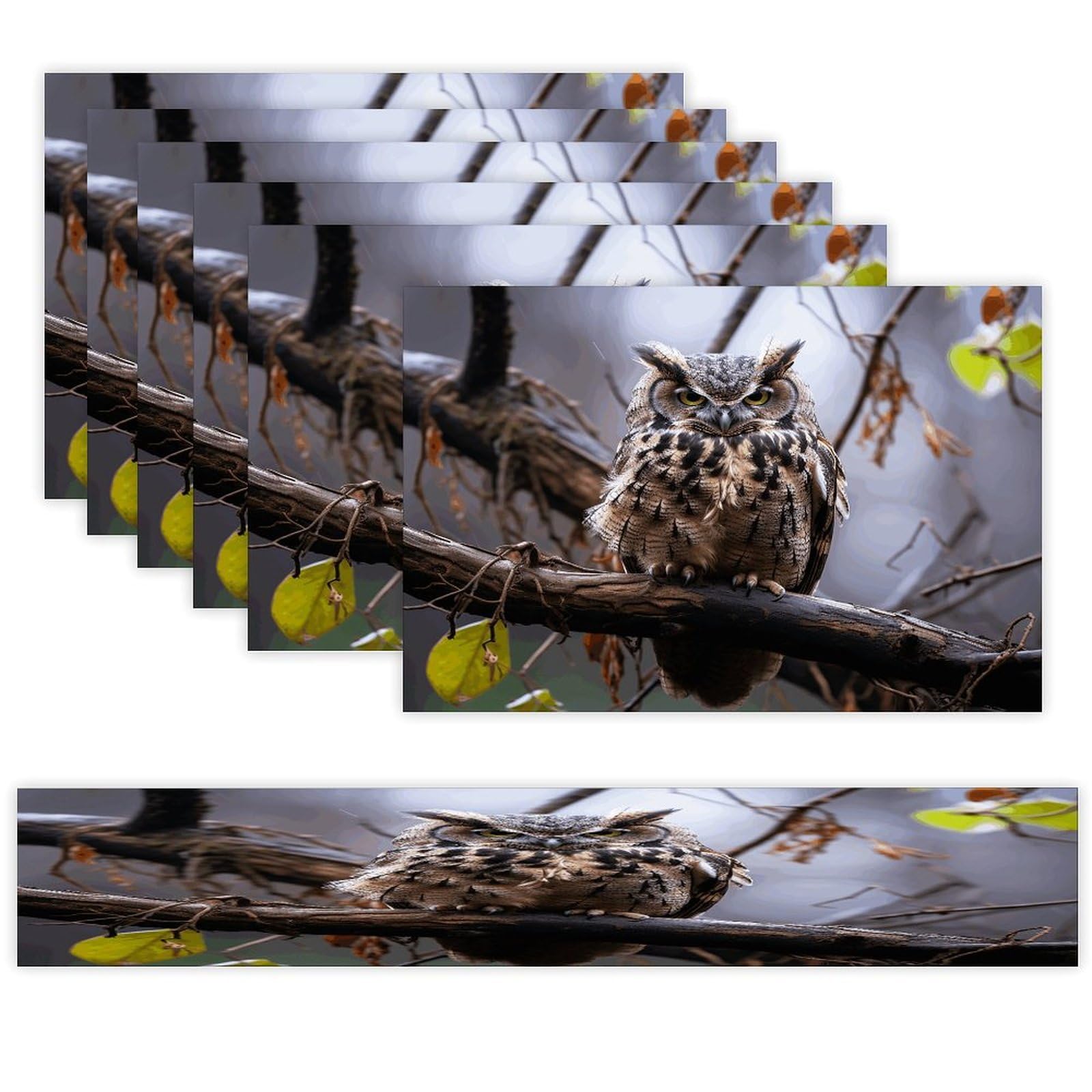 Owl on A Branch Table Runner and Placemats of 6 Washable Heat Resistant Place Mats with Table Runner Vintage Holiday Table Mat Set for Holiday Party Kitchen Dining Deco