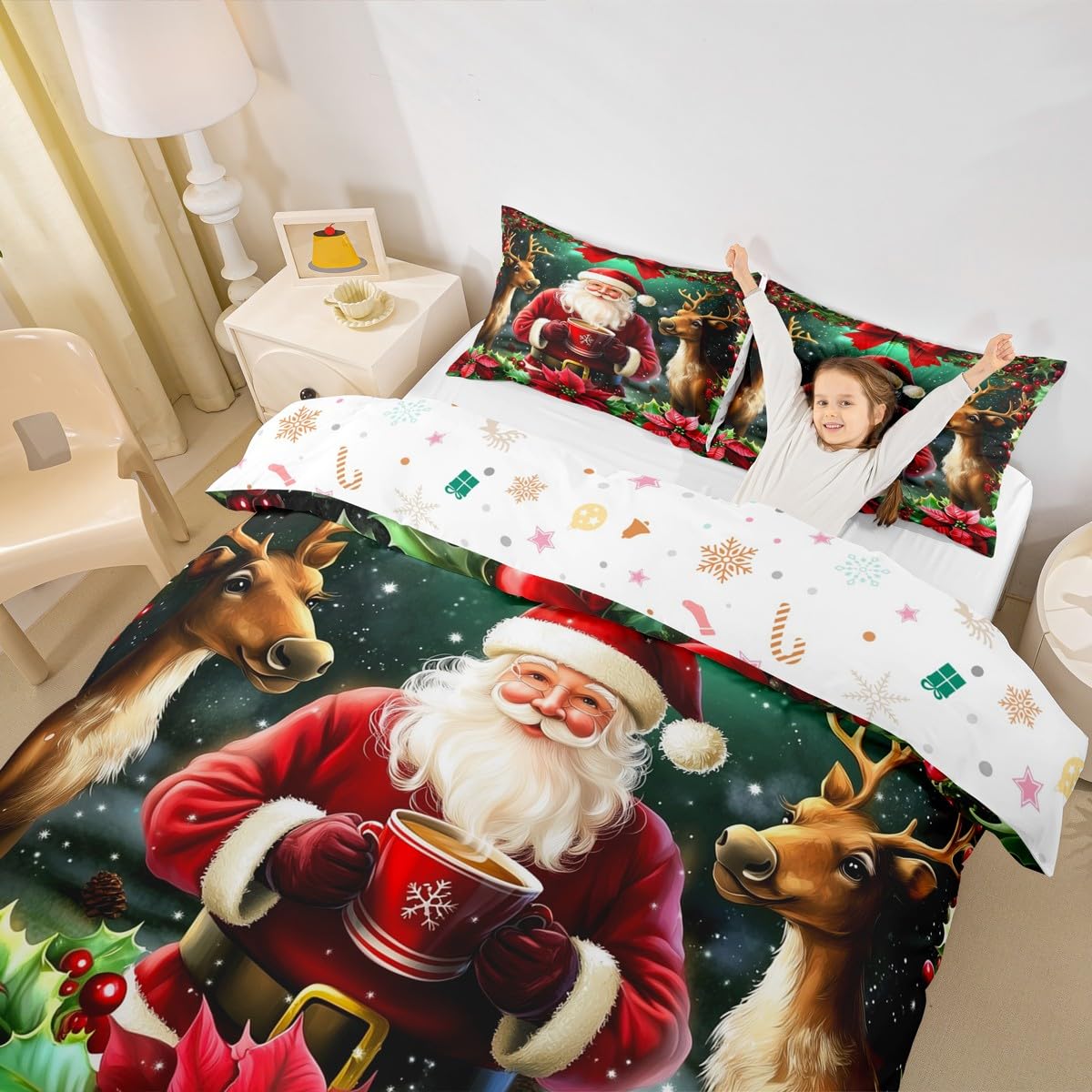 Homewish Czerwony Święty Mikołaj zestaw pościeli kreskówka czerwona świąteczna poszewka na kołdrę Super King, renifer łoś Boże Narodzenie dekoracja poszewka na kołdrę dla dzieci chłopców dziewcząt