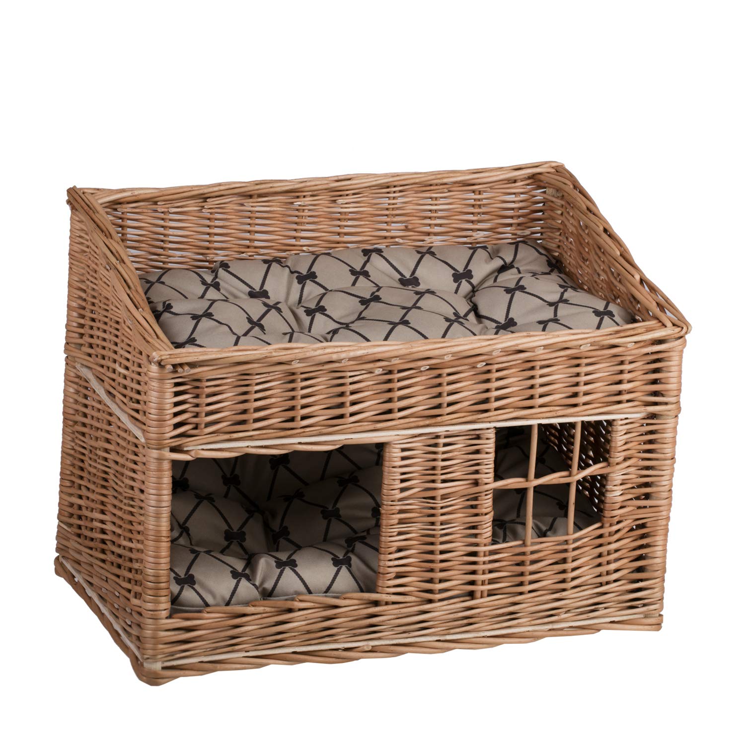 Panier pour Animaux en Osier,Niche, Corbeille, Maison en Osier à Deux étages avec Deux Coussins (Naturel_2)