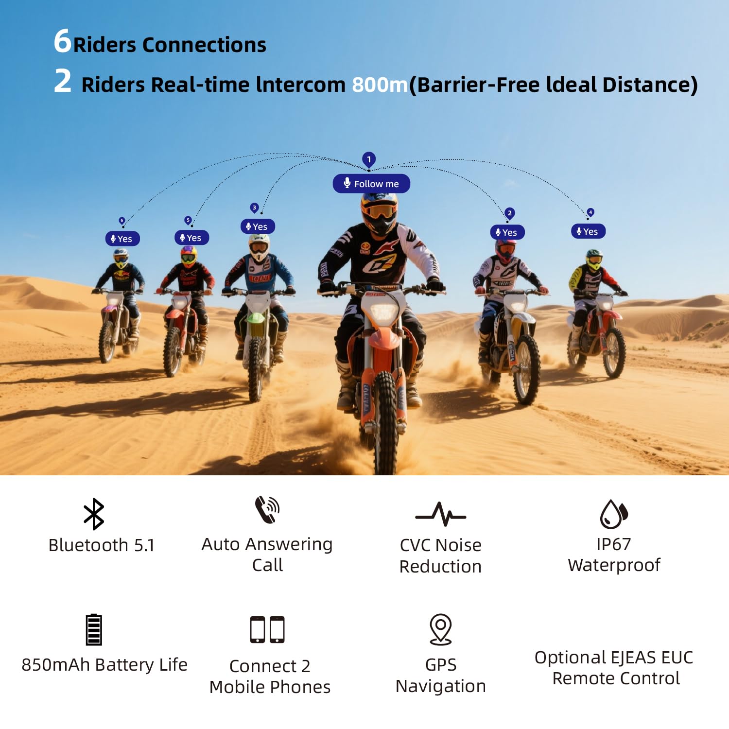 V6PRO - Auriculares Bluetooth para motocicleta con cancelación de ruido DSP, resistente al agua, sistema de comunicación para motocicletas