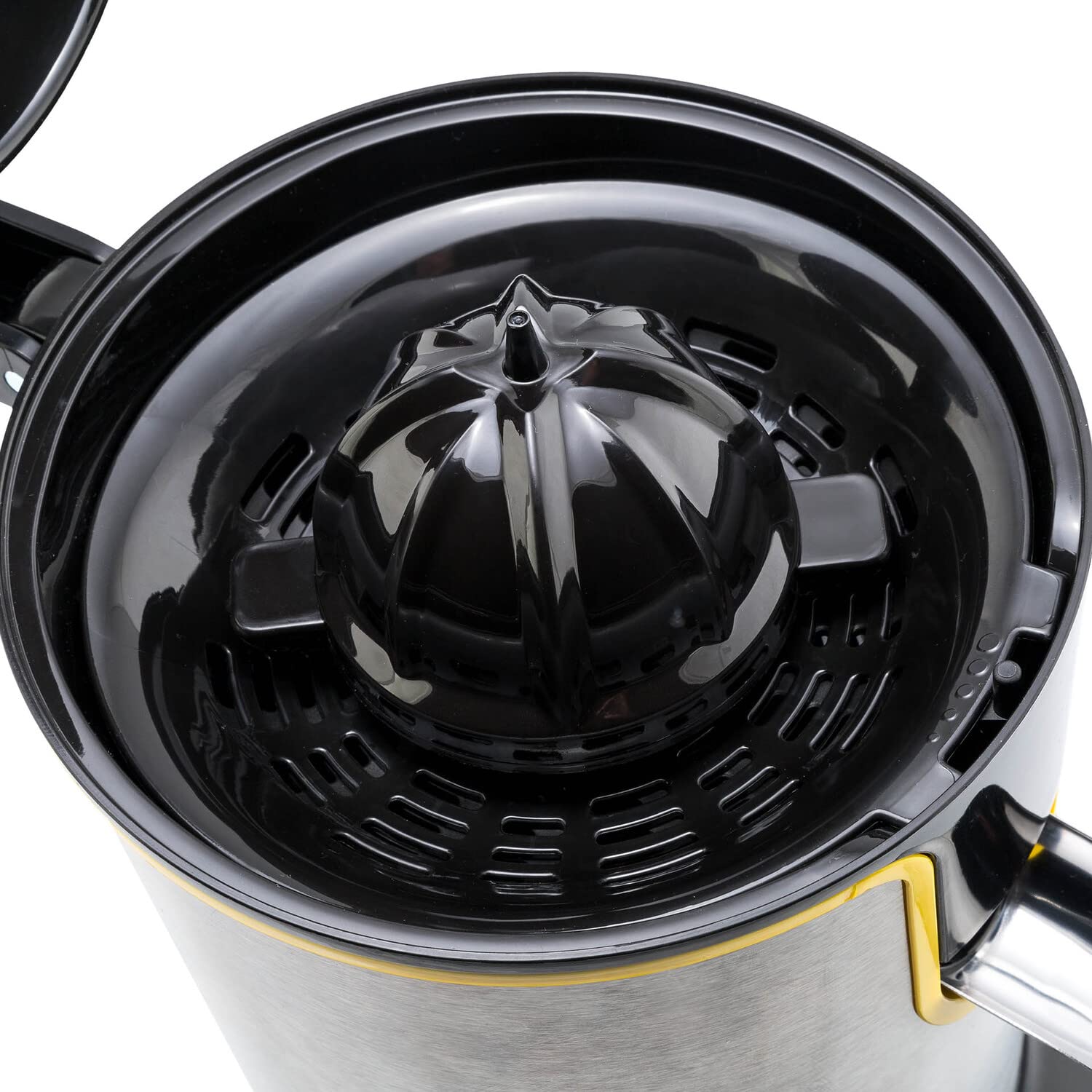 Mellerware - Exprimidor Eléctrico Profesional Juicy! 300W | Vertido Continuo | Sistema Antigoteo | 2 Filtros | 2 Conos intercambiables | Motor AC | Apto Lavavajillas | Zumos de naranjas | Amarillo