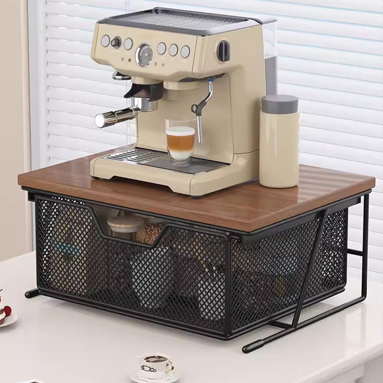 Küchenregal mit Schubladen, Platzsparender Küchenarbeitsplatten-Organizer aus Metall und Holz Kaffeemaschinen Unterstand, Ausziehbarer Schubladen Regale für Kaffeestation Toaster Teebeutel, 37x26x16cm