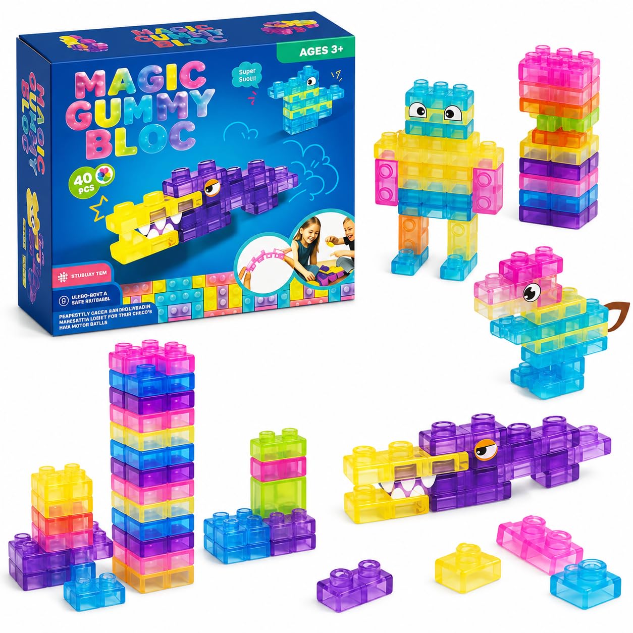 40 PCS Gummy Squishy Blocks Set for Kids | Soft Transparent Building Blocks | STEM Educational Construction Toy | Sensory Stackable Bricks for Creative Learning | Birthday Gift for Boys & Girls.-image-35