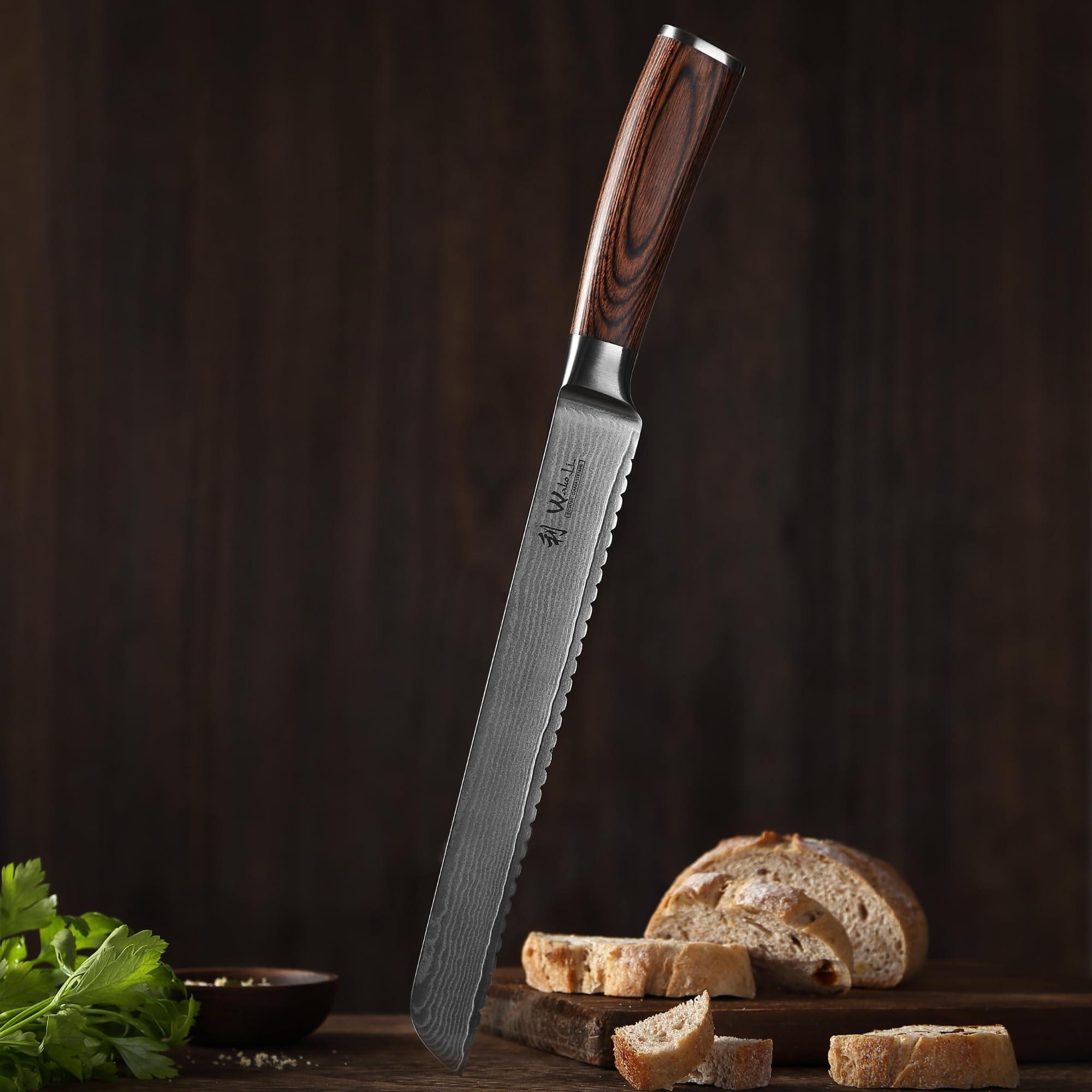WAKOLI EDIB Couteau à Pain de Cuisine Professionnel en Damas, Dentelé 20 cm | 67 couches avec noyau VG10, manche en bois de pakka, pour baguettes, brioches et croûtes épaisses, coffret cadeau élégant