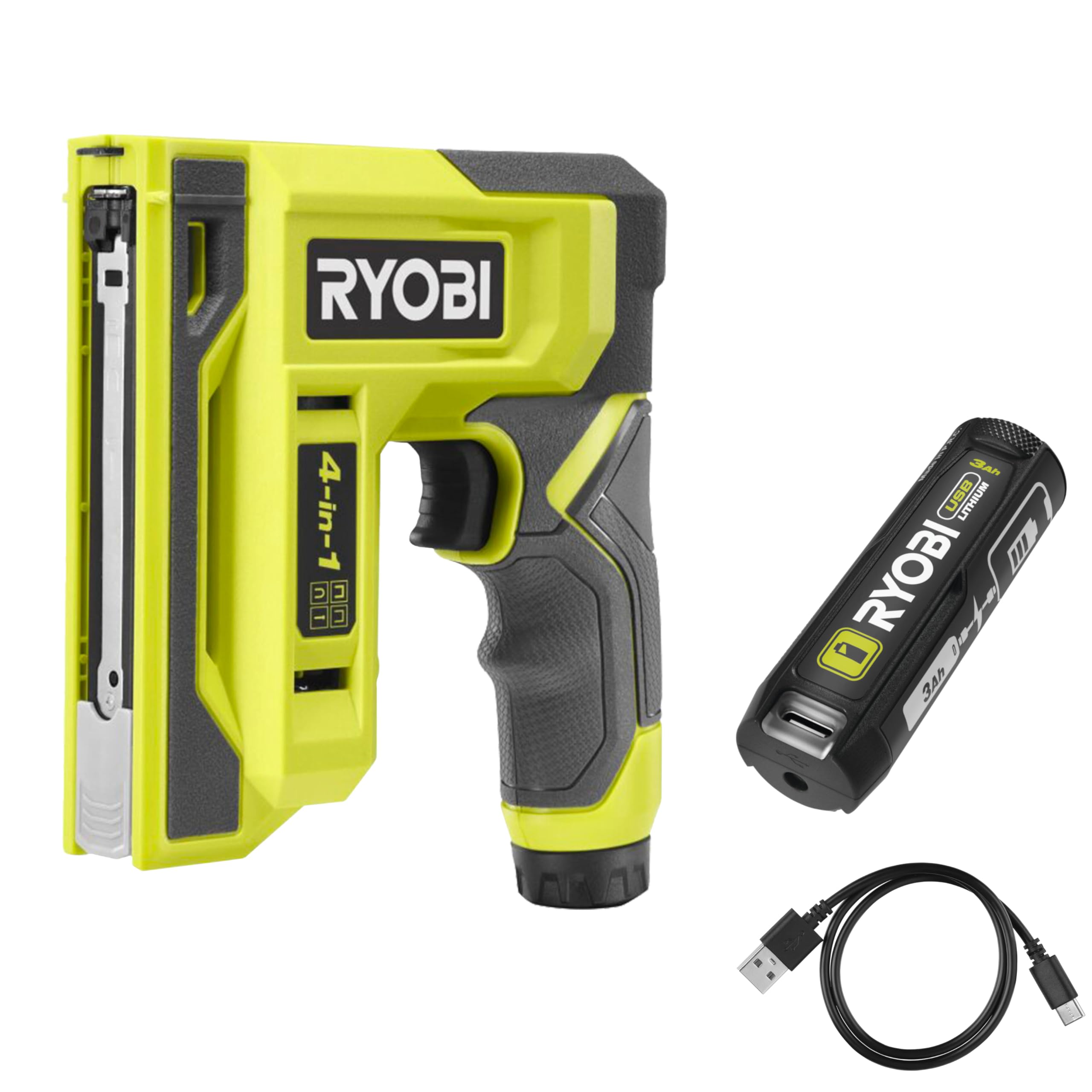 Ryobi RST4-0 + RB4L30, agrafeuse cloueuse sans fil 4V USB, batterie 3Ah