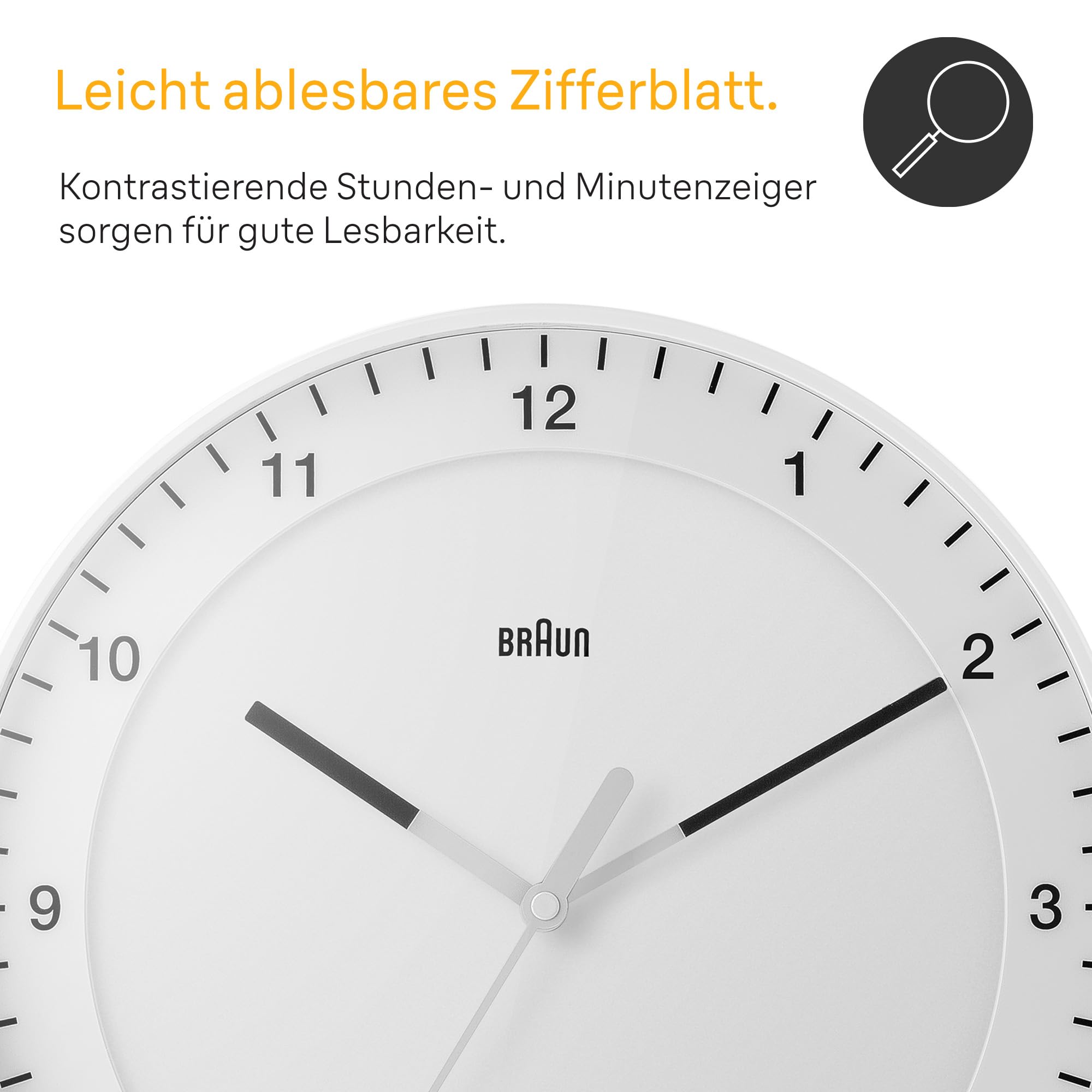 Braun Klassische große Funkwanduhr Mitteleuropäische Zeitzone (MEZ/GMT+1) mit leisem Uhrwerk, leicht lesbarem Zifferblatt, 30cm Durchmesser, weißes Modell BC17W-DCF.