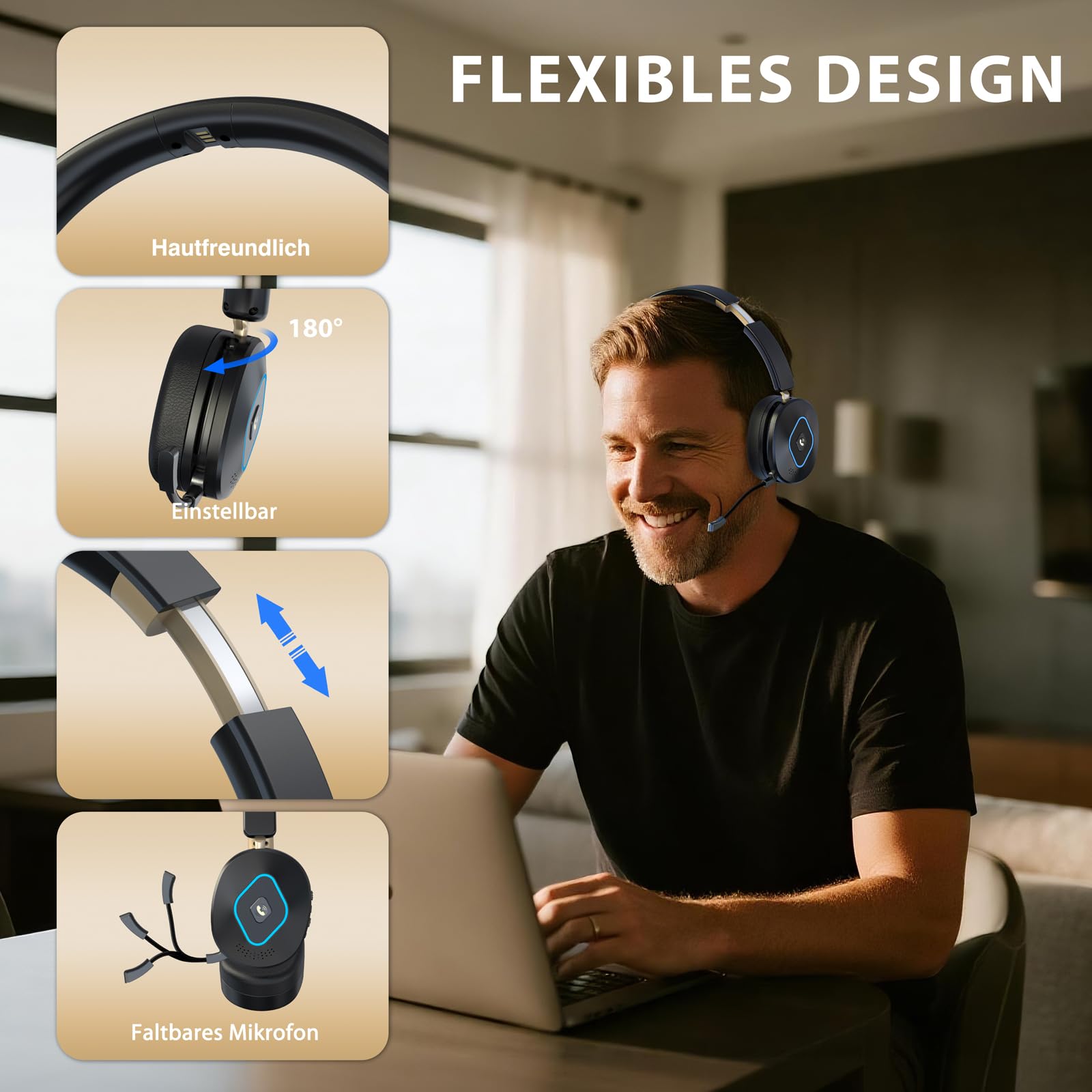 Earbay V6.0 Bluetooth Headset mit Mikrofon, Wireless Headset mit AI Noise Cancelling Mikrofon, RGB-Ladestation, USB-Dongle, 45+ Std. Akku, Wiederaufladbar On-Ear Kopfhörer für Büro, Home, Callcenter