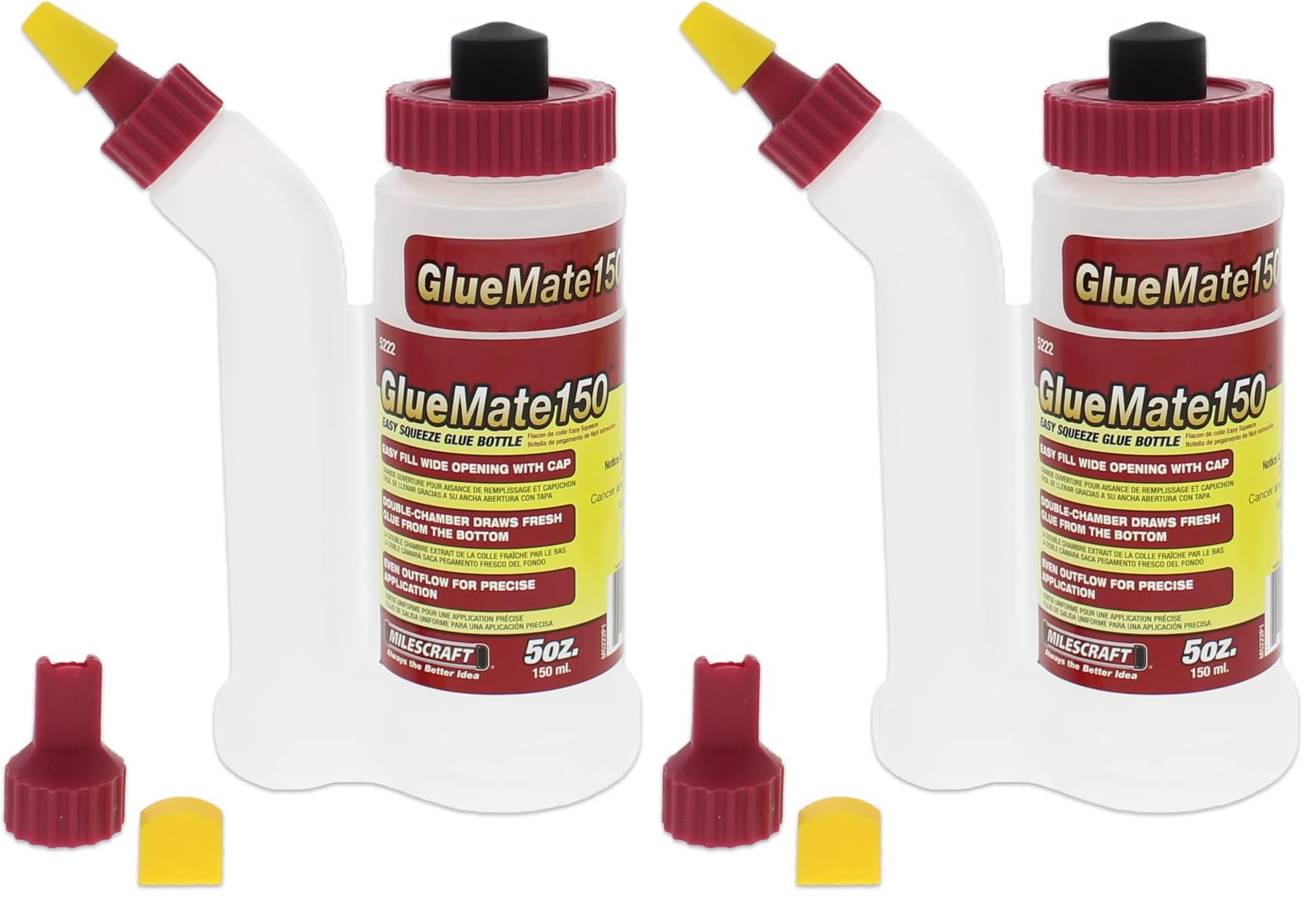 Milescraft 5222 Glue Mate 150-5oz. (150ml) Precision Wood Glue Bottle - Anti-Drip - Dowel and Biscuit Tips Included - Easy Flow Multi-Chamber Design - Ideal for Woodworking (Pack of 2)