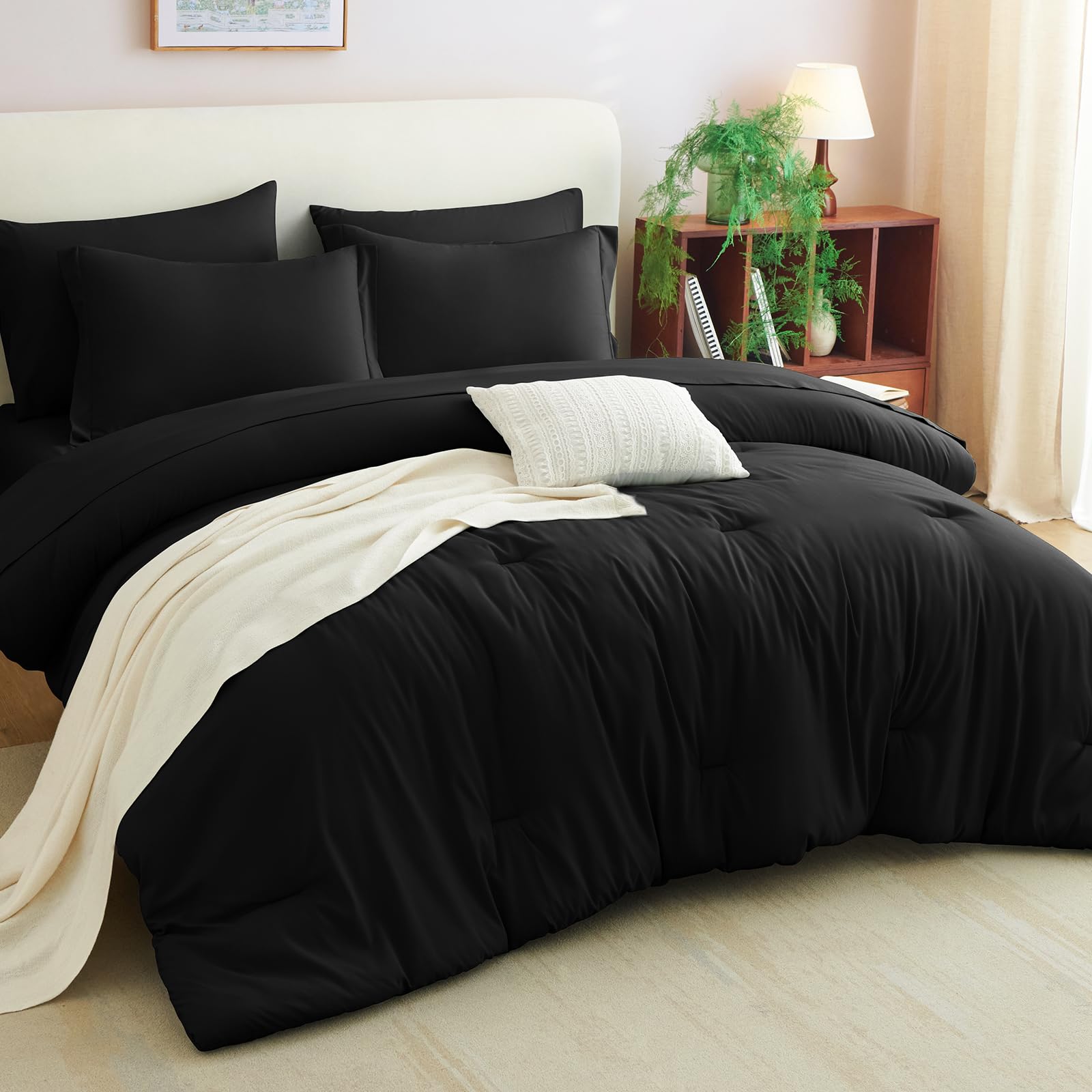 Juego de edredón tamaño Queen, color negro, 7 piezas de cama en una bolsa, juego de edredón suave con sábanas, juego de cama bohemio de 7 piezas para todas las estaciones con edredón, sábanas 3