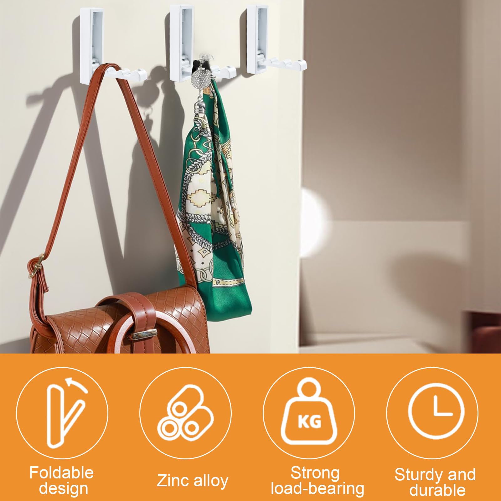MOROBOR 2pcs Square Folding Wall Hook Non-Slip Heavy Duty Foldable Coat Hook Zinc Alloy Wall Hanger Retractable Support Hooks for Hanging Coat Bags Backpack Towel(White) - Image 3