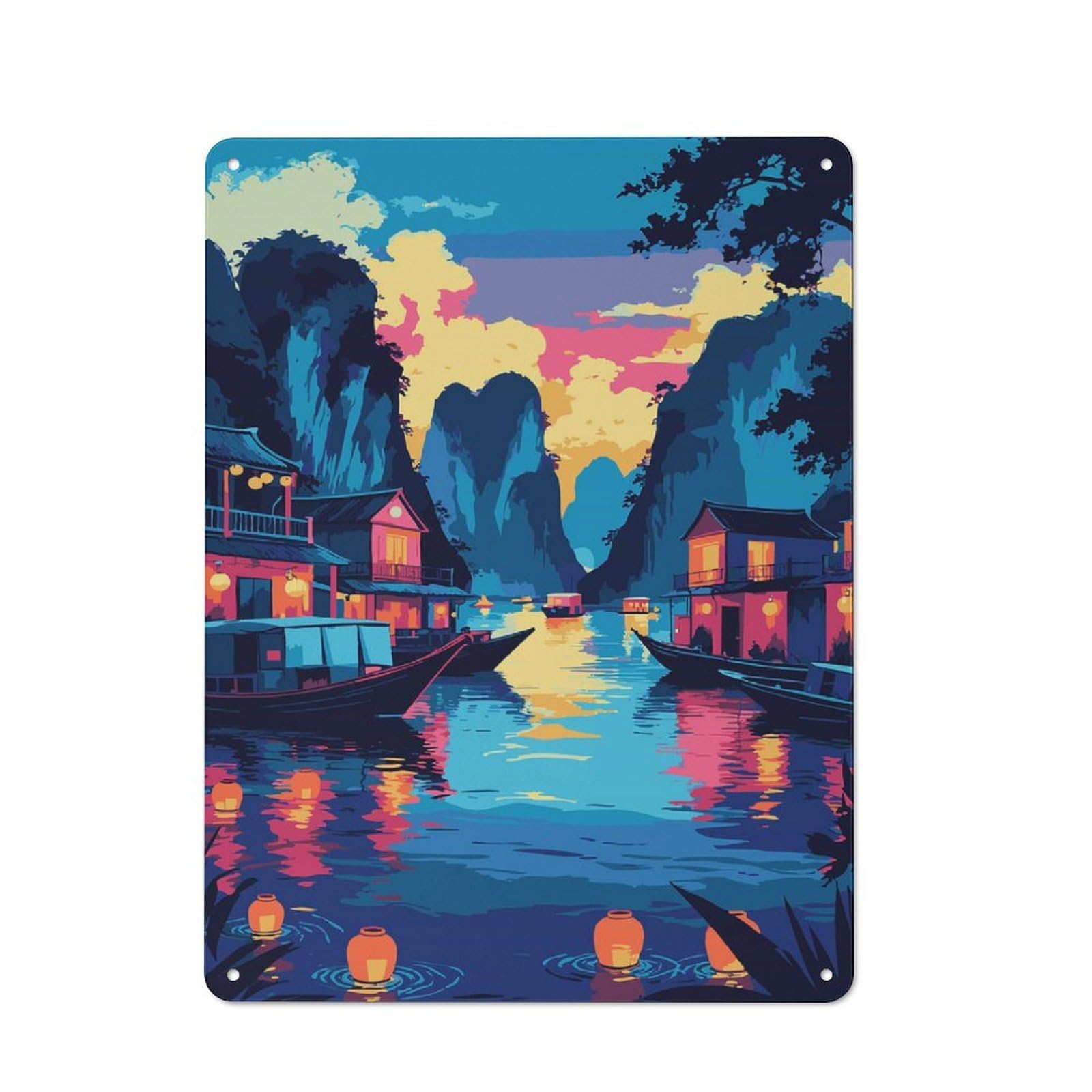 Vibrant Asian River Village at Dusk Decorative Tin Sign 40x30cm, Rustic Rustic Kitchen Decor for Kitchen, Cottage, Porch Or Garden Room