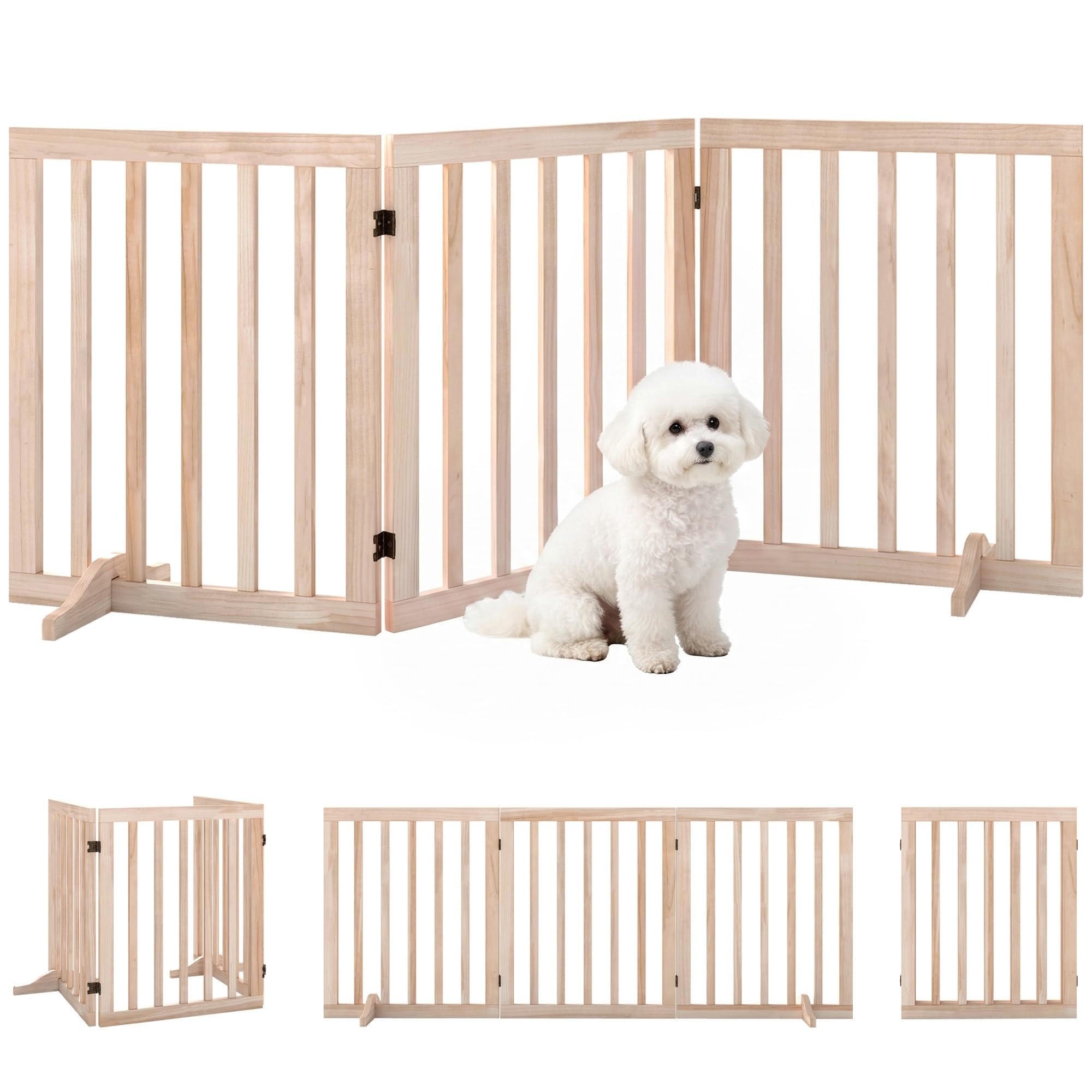 PawHut Barrera de Seguridad para Perros Madera Plegable 3 Paneles Natural