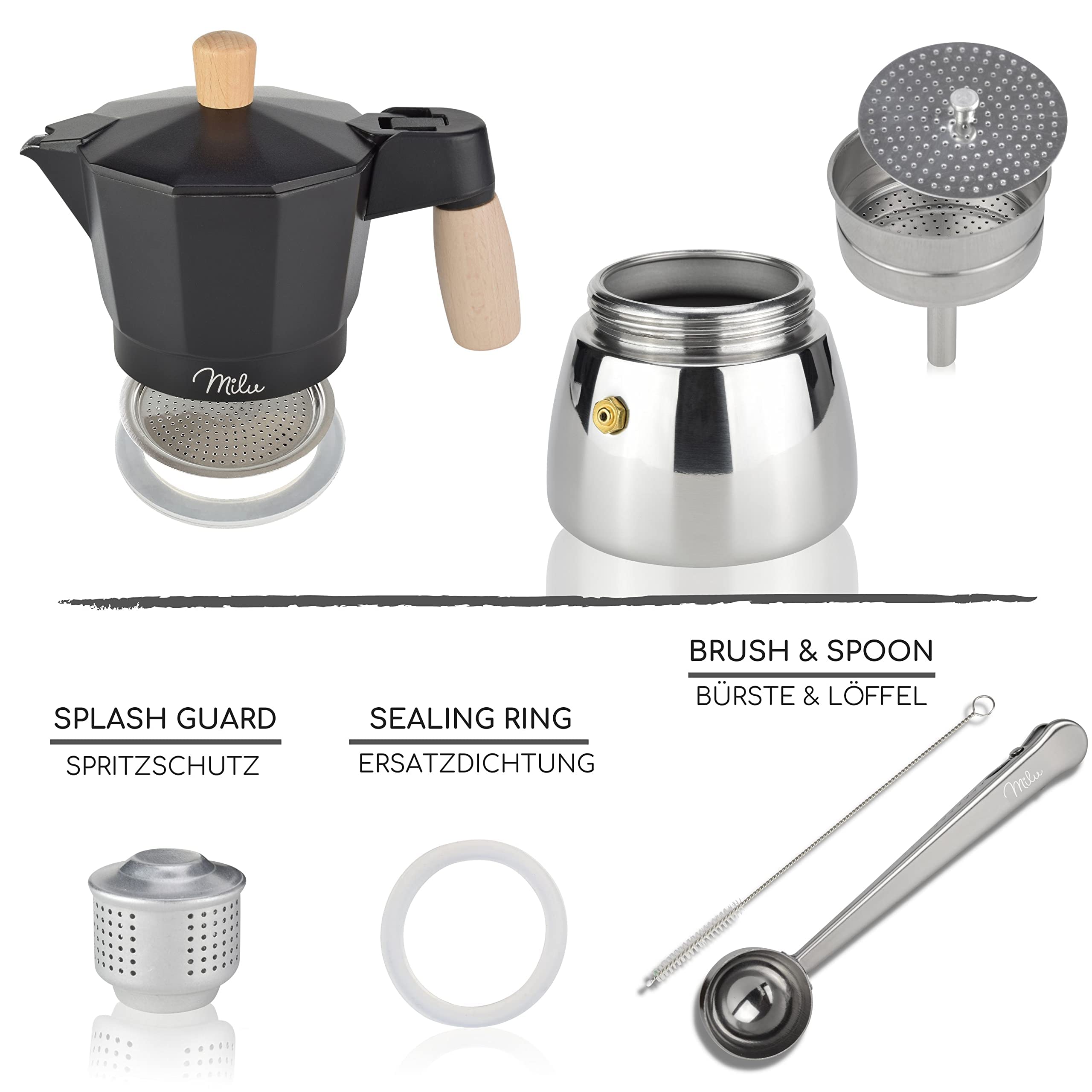 Milu Espressokocher Induktion geeignet | 3, 6, 9 Tassen | Aluminium/Edelstahl Mokkakanne, Espressokanne, Espresso Maker inkl. Löffel, Bürste (Schwarz, 3 Tassen (150ml)