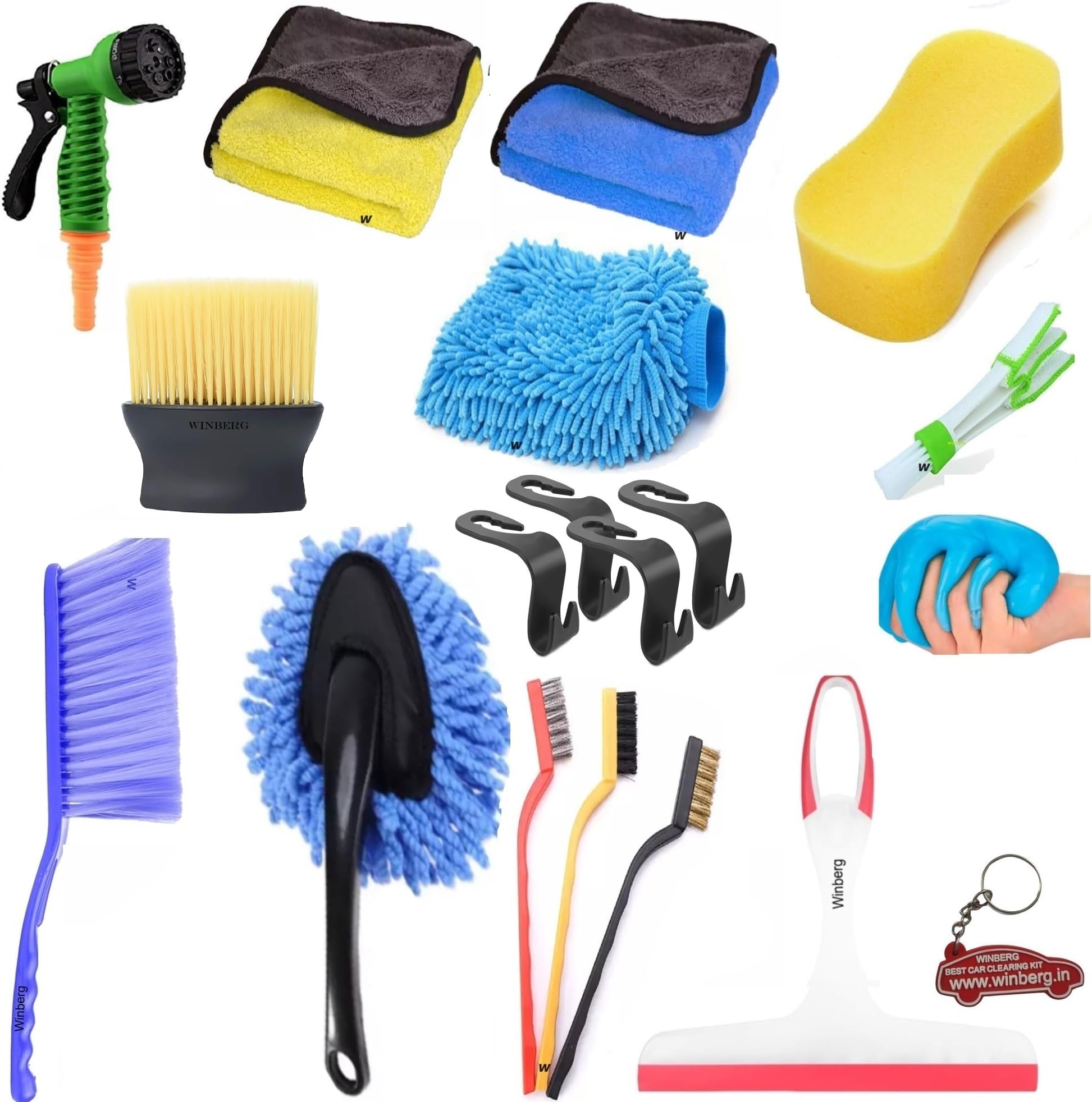 Winberg 19 Pcs Car Cleaning Kit Microfiber Towel 2 pcs 600 GSM 1Carpet Brush 1Scurb 1Glove 4Hook 1Gelly 1Wiper 1 Duster 3 Wire Brush 1Soft Brush Brush 1Nozel Spray 1Keychain 1Ac Wind Brush CarCLNG19