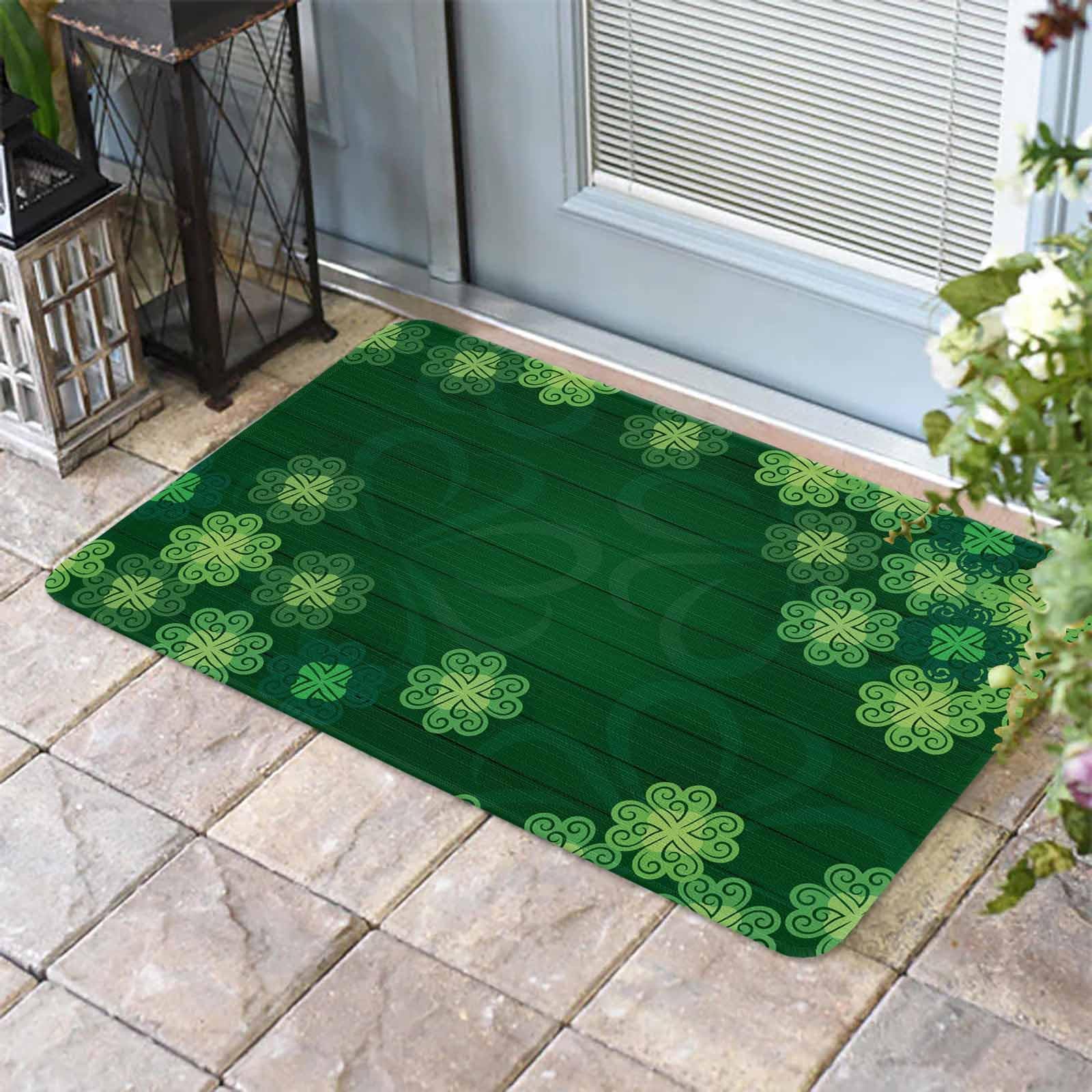 St. Patrick's Day Door Mat Green Shamrock Welcome Mat Non Slip Rubber Clover Wood Grain Entryway Front Rug Floor Mat for Indoor Outdoor Kitchen Spring
