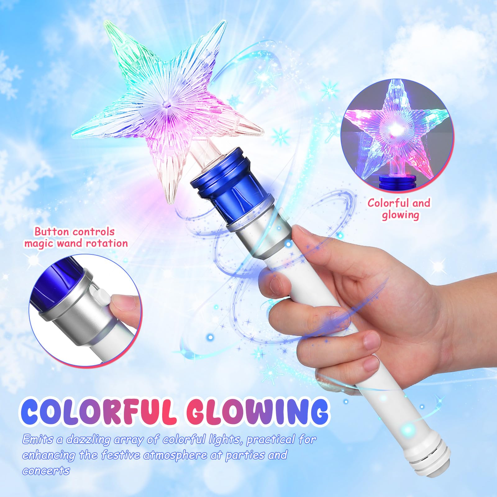 DOITOOL 2 bastoncini luminosi a LED per feste con stelle scintillanti per bambini, bastoncini girevoli per feste di Natale e concerti