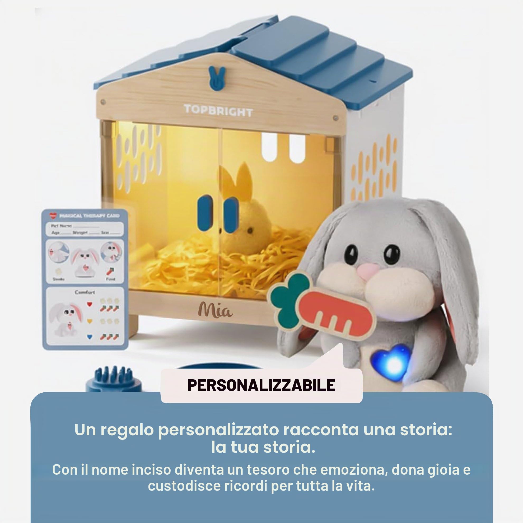 Personalizzabile Peluche interattiva Coniglio “Mummy Bunny”–cuore LED, luci e suoni–con accessori per la cura e l’alimentazione–Età dai 3 anni–personalizzata con nome–Top Bright